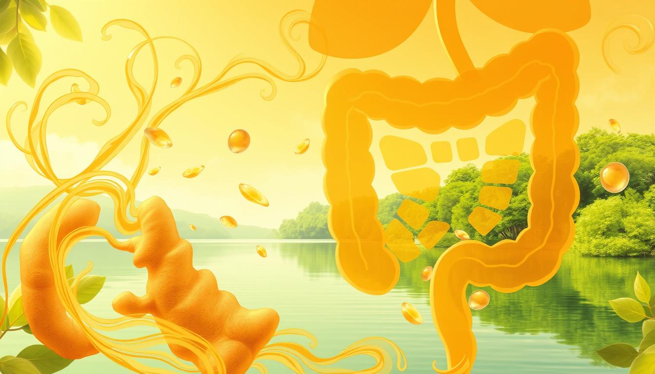 A vibrant illustration depicting the process of peristalsis and detoxification through ginger water. In the foreground, a stylized cross-section of the digestive tract shows the rhythmic contractions of the intestinal muscles, propelling contents forward. Surrounding this, swirling patterns and translucent overlays suggest the purifying effects of the ginger infusion, with a warm, earthy color palette. In the background, a serene landscape featuring lush, verdant foliage and a tranquil body of water conveys the soothing, restorative properties of the ginger water. Soft, diffused lighting casts a natural, organic glow over the entire scene, emphasizing the holistic, wellness-focused theme. The overall composition strikes a balance between scientific accuracy and artistic interpretation, creating a visually captivating representation of the beneficial impact of ginger on the digestive system.
