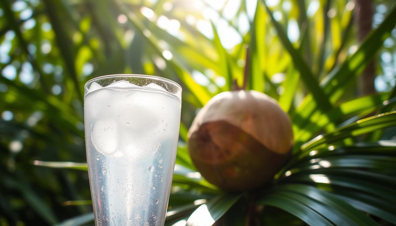 A serene tropical setting, a young coconut nestled amidst lush green leaves. Dappled sunlight filters through, casting a warm, natural glow. In the foreground, a glass of clear, refreshing coconut water, condensation beading on the surface. The image conveys a sense of balance, hydration, and wellness - the perfect accompaniment to a healthy, mindful diet. Captured with a shallow depth of field, the focus drawn to the coconut water, inviting the viewer to savor its restorative properties. An idyllic scene that captures the essence of "Air Kelapa dan Diet Sehat".