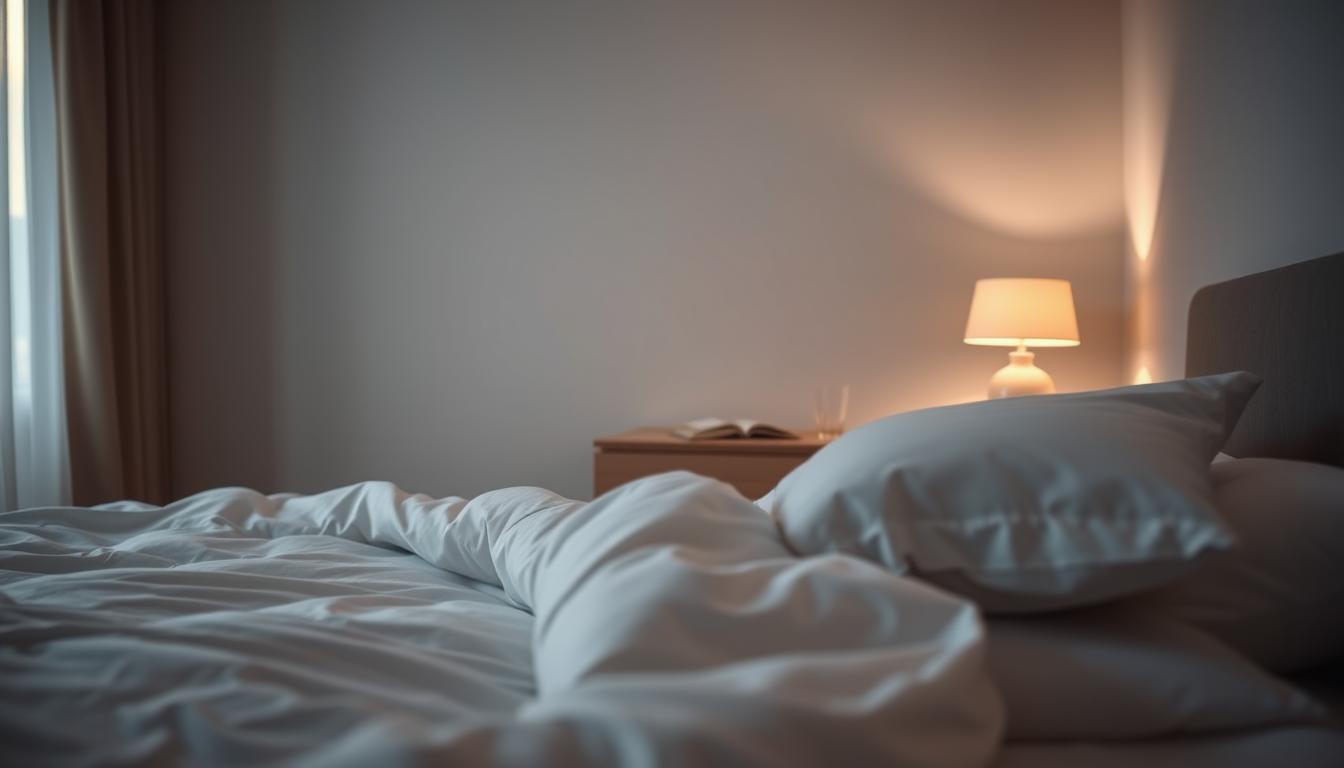 A serene bedroom scene with soft, diffused lighting casting a warm glow. In the foreground, a cozy bed with crisp, white bedding and plush pillows invites the viewer to sink into a restful slumber. The middle ground features a tranquil nightstand with a simple lamp, a glass of water, and a book, symbolizing the importance of creating a sleep-conducive environment. In the background, subtle details like flowing curtains and a minimalist décor palette evoke a sense of calm and relaxation. The overall atmosphere exudes peacefulness, encouraging the viewer to reflect on the critical role of quality sleep in maintaining a healthy, balanced lifestyle.