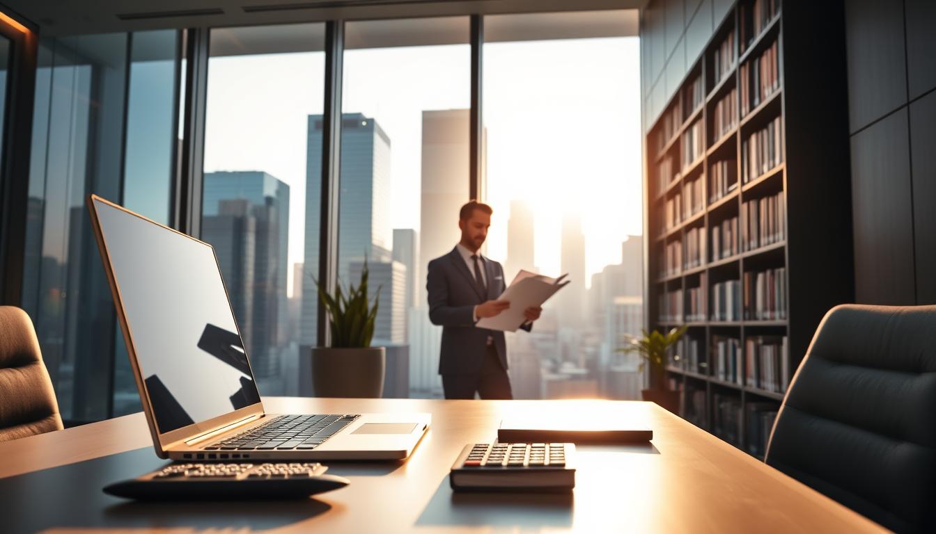 A modern, sleek financial management office scene. In the foreground, a laptop and calculator sit neatly on a minimalist desk, illuminated by warm, natural lighting flowing in from large windows. In the middle ground, a well-dressed professional reviews financial reports, surrounded by bookshelves filled with accounting texts. The background depicts a cityscape of gleaming skyscrapers, hinting at the global scale of financial technology. The overall atmosphere conveys a sense of order, efficiency, and the intersection of business, technology, and finance.