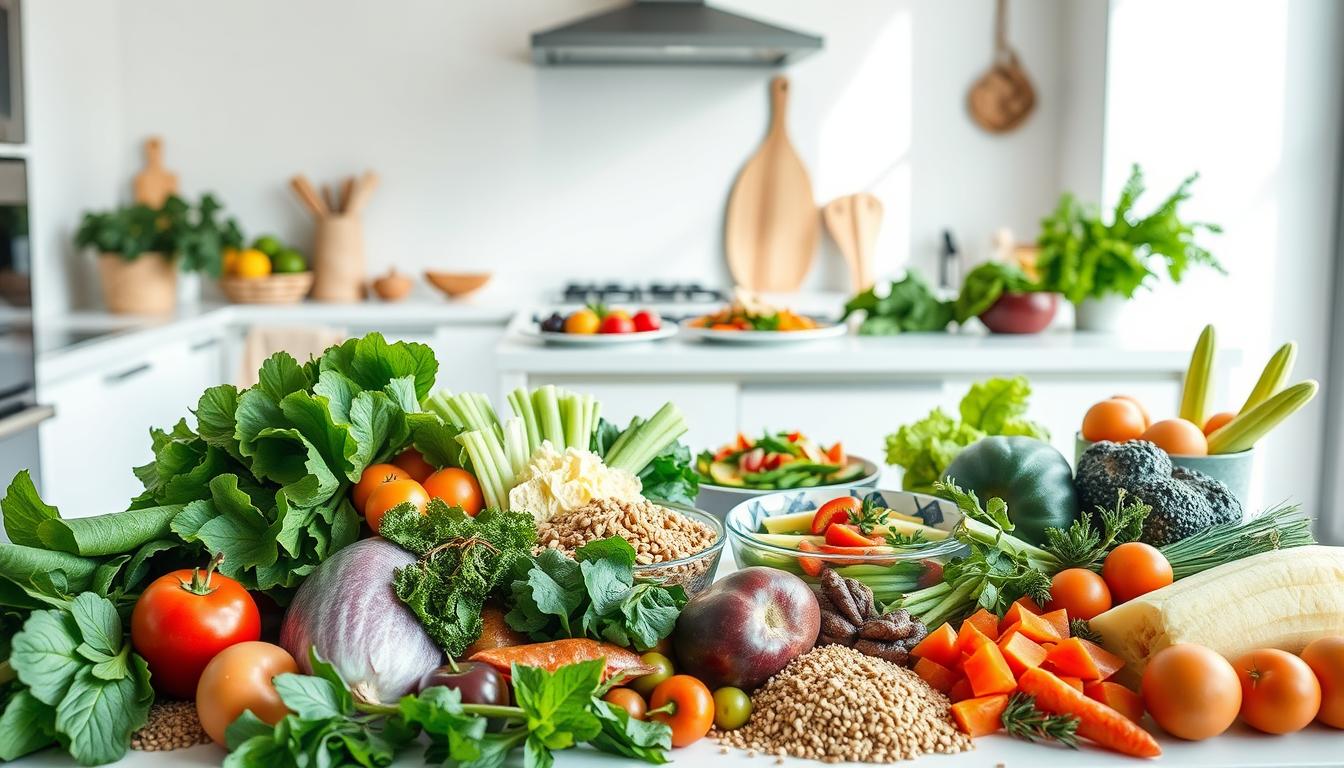 A vibrant still life composition showcasing a diverse and visually appealing daily healthy menu. In the foreground, an arrangement of fresh whole foods - crisp green leafy vegetables, juicy fruits, lean protein sources, and whole grains. The middle ground features neatly plated balanced meals, highlighting a range of nutritious dishes. In the background, a minimalist kitchen setting with clean white surfaces and natural lighting creates a serene, wellness-focused atmosphere. The overall scene conveys a sense of balance, vitality, and a commitment to a healthy, well-rounded diet.