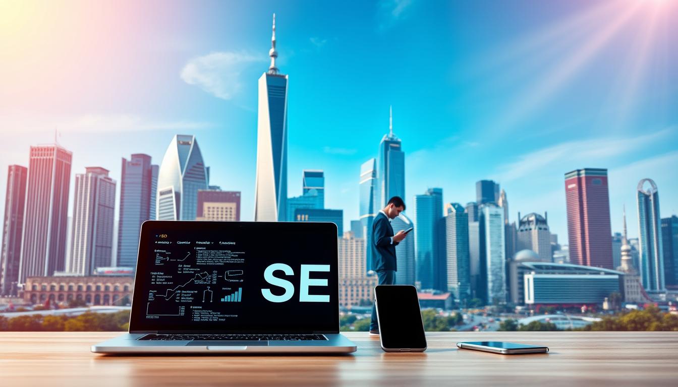 A vibrant and visually striking image of "jasa seo" set against a backdrop of a bustling city skyline. In the foreground, a laptop computer and a mobile phone are prominently displayed, representing the digital tools and technologies used in modern search engine optimization services. The middle ground features a team of digital marketing professionals, each engaged in various tasks such as keyword research, content creation, and website optimization. The background showcases the towering skyscrapers and modern architecture of a thriving metropolis, symbolizing the global reach and impact of effective SEO strategies. The scene is illuminated by a warm, golden-hued lighting, creating a sense of energy and productivity. The overall composition conveys the professional, collaborative, and technology-driven nature of the "jasa seo" industry.