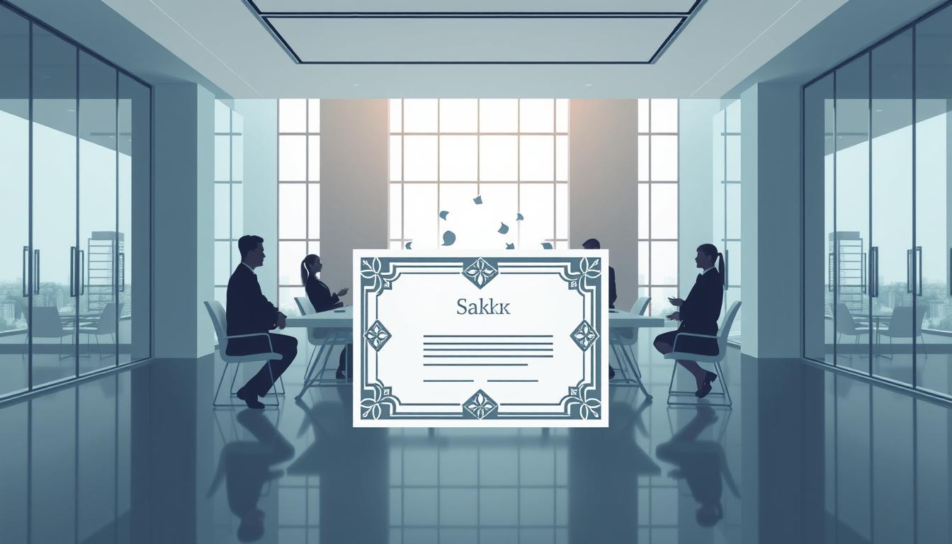 A sleek, modern illustration of Sukuk Investasi Syariah, set against a backdrop of a minimalist, clean-lined office environment. In the foreground, a stylized graphic representation of a Sukuk certificate takes center stage, its intricate patterns and geometric shapes hinting at the complexities of Islamic finance. The middle ground features a team of professionals in formal attire, engaged in discussions around a conference table, conveying the collaborative nature of Sukuk issuance. The background is dominated by tall, glass-paneled windows, allowing natural light to flood the scene and create a sense of transparency and openness. The overall tone is one of professionalism, innovation, and adherence to Sharia principles.