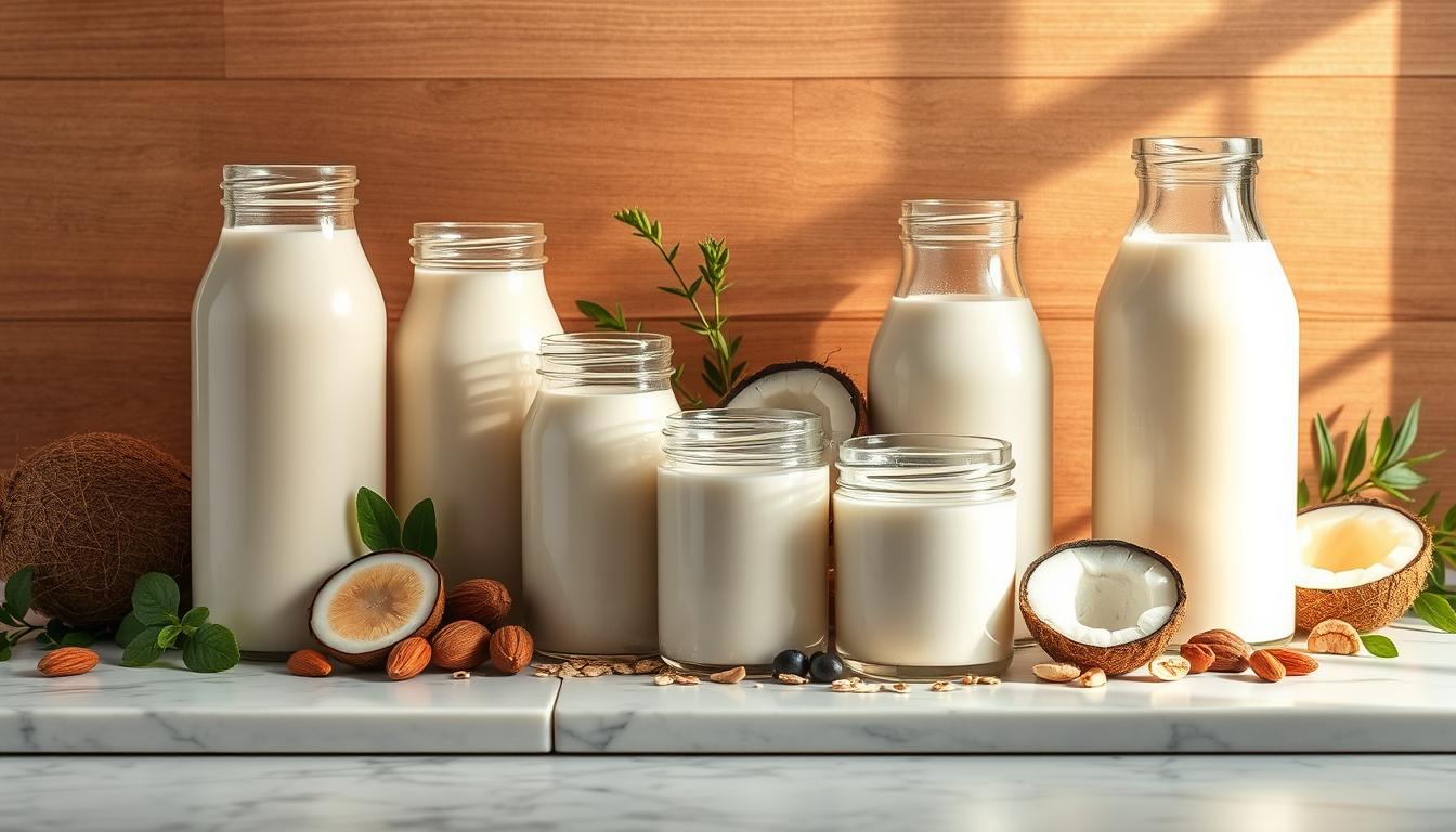 A visually striking still life showcasing the nutritional composition of various plant-based milks. In the foreground, an elegant arrangement of glass jars or bottles filled with different non-dairy milk varieties, such as almond, soy, oat, and coconut. Carefully positioned between the containers are sliced fruits, nuts, and other natural ingredients that contribute to the unique nutritional profiles of these dairy alternatives. The middle ground features a wooden or marble surface, lending a rustic yet refined backdrop. Soft, natural lighting from the side gently illuminates the scene, casting subtle shadows and highlights that accentuate the textures and colors of the elements. The overall mood is one of health, wellness, and the bountiful nutritional benefits of plant-based milks.
