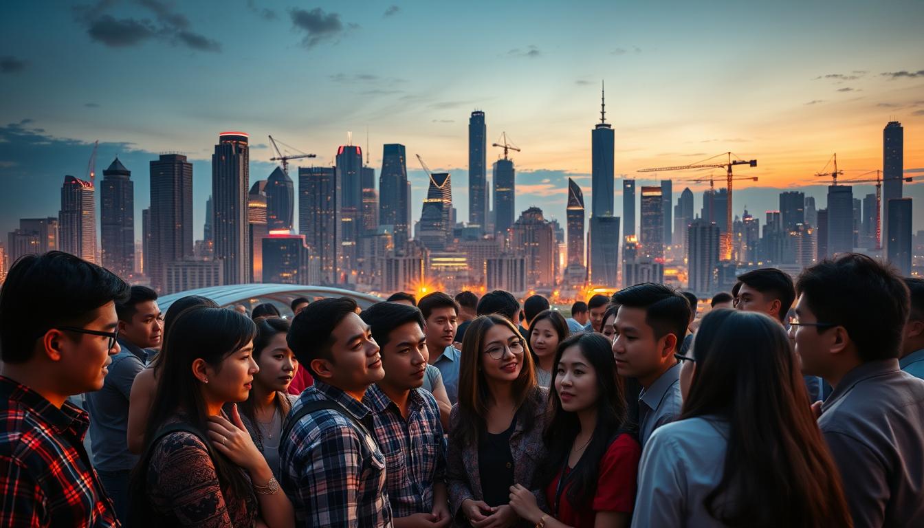 A bustling city skyline at dusk, with towering skyscrapers and cranes dotting the horizon. In the foreground, a diverse group of AI engineers gathered, engaged in lively discussions and collaborations, their expressions filled with a sense of purpose and excitement. The warm, amber lighting casts a soft glow, creating an atmosphere of innovation and opportunity. The scene conveys the dynamic and thriving career prospects for AI engineers in Indonesia, hinting at the wide range of industries and roles they can pursue.