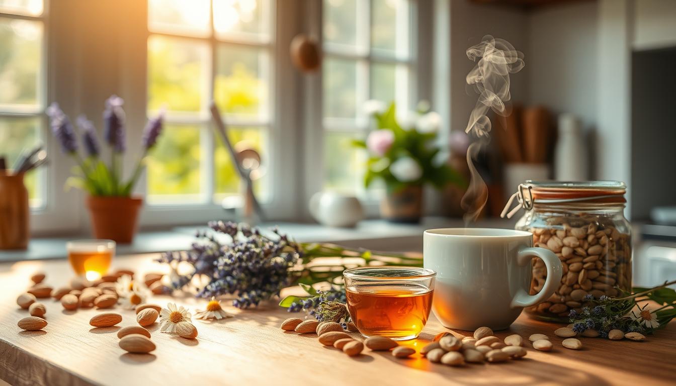 A serene kitchen scene, bathed in soft, warm lighting. In the foreground, an array of nourishing ingredients - almonds, chamomile, lavender, and herbal teas - are artfully arranged on a wooden table. In the middle ground, a steaming mug of herbal tea emits wisps of fragrant steam, while a small dish of honey and a jar of magnesium-rich pumpkin seeds sit nearby. The background features a window overlooking a lush, peaceful garden, hinting at the restorative power of nature. The overall mood is one of tranquility and wellness, reflecting the important role that nutrition plays in achieving a good night's sleep.