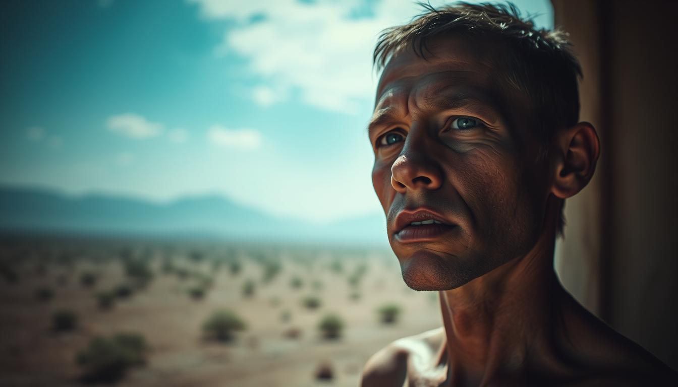 A dehydrated person with parched lips, sunken eyes, and dry skin, standing in a dimly lit, arid environment. The figure is positioned in the foreground, with a hazy, desert-like landscape in the middle ground and a washed-out, overexposed sky in the background, conveying a sense of lethargy and discomfort. The lighting is harsh, casting dramatic shadows and highlighting the dehydration's effects. The image should evoke a feeling of neglect and the urgent need to address this often overlooked health issue.