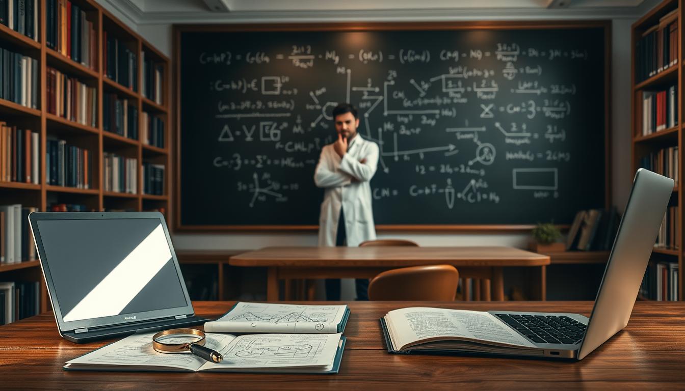 A dimly lit academic study, bookshelves lining the walls, a wooden desk in the foreground with a laptop, pen, and paper. On the desk, a magnifying glass and a research journal open, showcasing intricate diagrams and scribbled notes. In the middle ground, a researcher in a crisp, white lab coat stands contemplatively, hand on chin, surrounded by an aura of focused concentration. The background features a large chalkboard with equations and formulas, illuminated by soft, warm lighting, creating an atmosphere of scholarly exploration and the pursuit of knowledge.