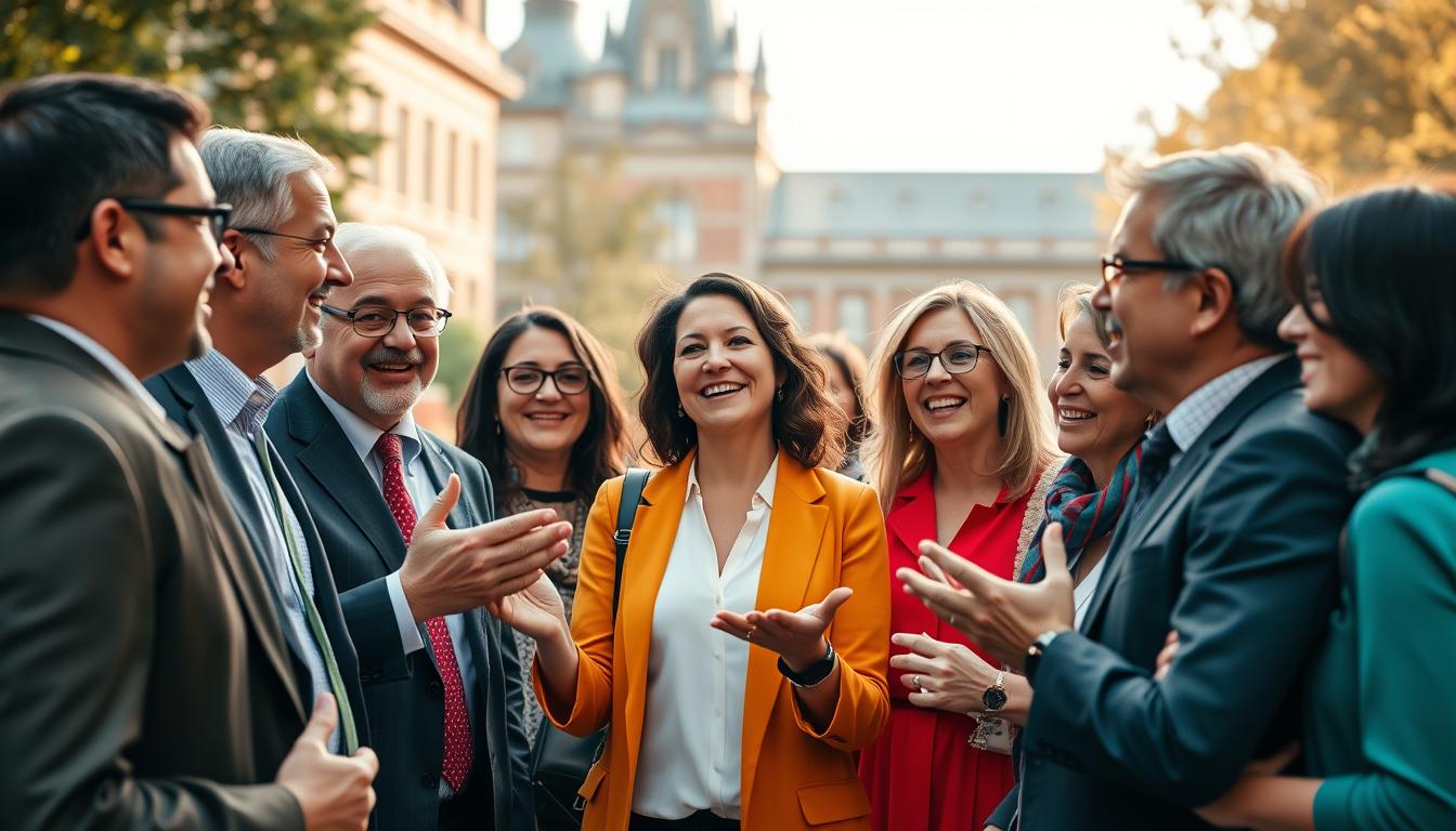 A group of confident, passionate university alumni, dressed in formal attire, stand together in a well-lit campus setting. In the foreground, they engage in animated discussions, gesturing animatedly as they share their experiences and ideas. In the middle ground, a backdrop of the university's iconic architecture frames the scene, hinting at the institution's legacy and prestige. The lighting is warm and inviting, casting a soft glow on the alumni's faces, conveying a sense of pride and camaraderie. The overall atmosphere is one of collaboration, inspiration, and a shared commitment to the university's growth and development.