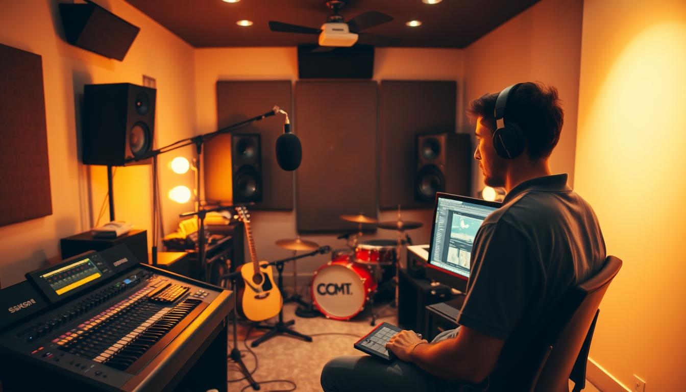 A home recording studio with professional-grade audio equipment, including a mixing console, microphones, and speakers. The room is bathed in warm, golden lighting, creating a cozy and productive atmosphere. In the foreground, a musician is intently focused on their computer screen, meticulously editing and mixing their latest musical creation. The middle ground features various musical instruments, such as a guitar, keyboard, and drums, hinting at the diverse talents and skills required to produce high-quality music. The background showcases a serene, minimalist backdrop, allowing the viewer to focus on the central creative process.