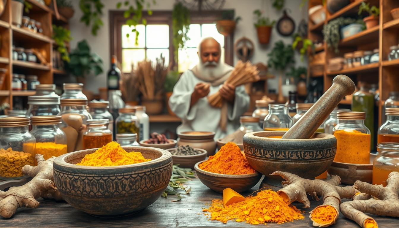 A traditional herbal medicine scene featuring fresh ginger and turmeric roots. In the foreground, a mortar and pestle are used to grind the aromatic roots into a paste. Surrounding the mortar are various glass jars, bowls, and bottles filled with herbs, powders, and tonics. In the middle ground, an elderly healer in traditional garb examines a bundle of dried herbs. The background depicts a cozy, rustic apothecary setting with wooden shelves, hanging plants, and soft, diffused lighting from a window. An atmosphere of natural healing and centuries-old wisdom pervades the scene.