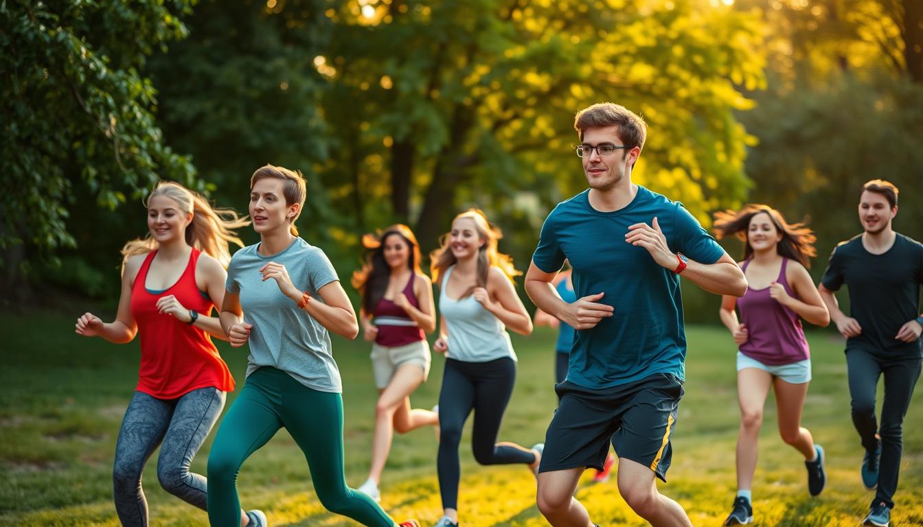 A group of university students participating in a vibrant outdoor fitness session. In the foreground, several young adults are engaged in a dynamic aerobic exercise routine, their movements captured mid-motion against a backdrop of lush greenery. In the middle ground, others are stretching and jogging, their expressions focused and determined. The scene is illuminated by warm, golden sunlight filtering through the trees, creating a sense of energy and vitality. The overall atmosphere conveys a healthy, active lifestyle and the importance of maintaining physical well-being amidst the demands of student life.
