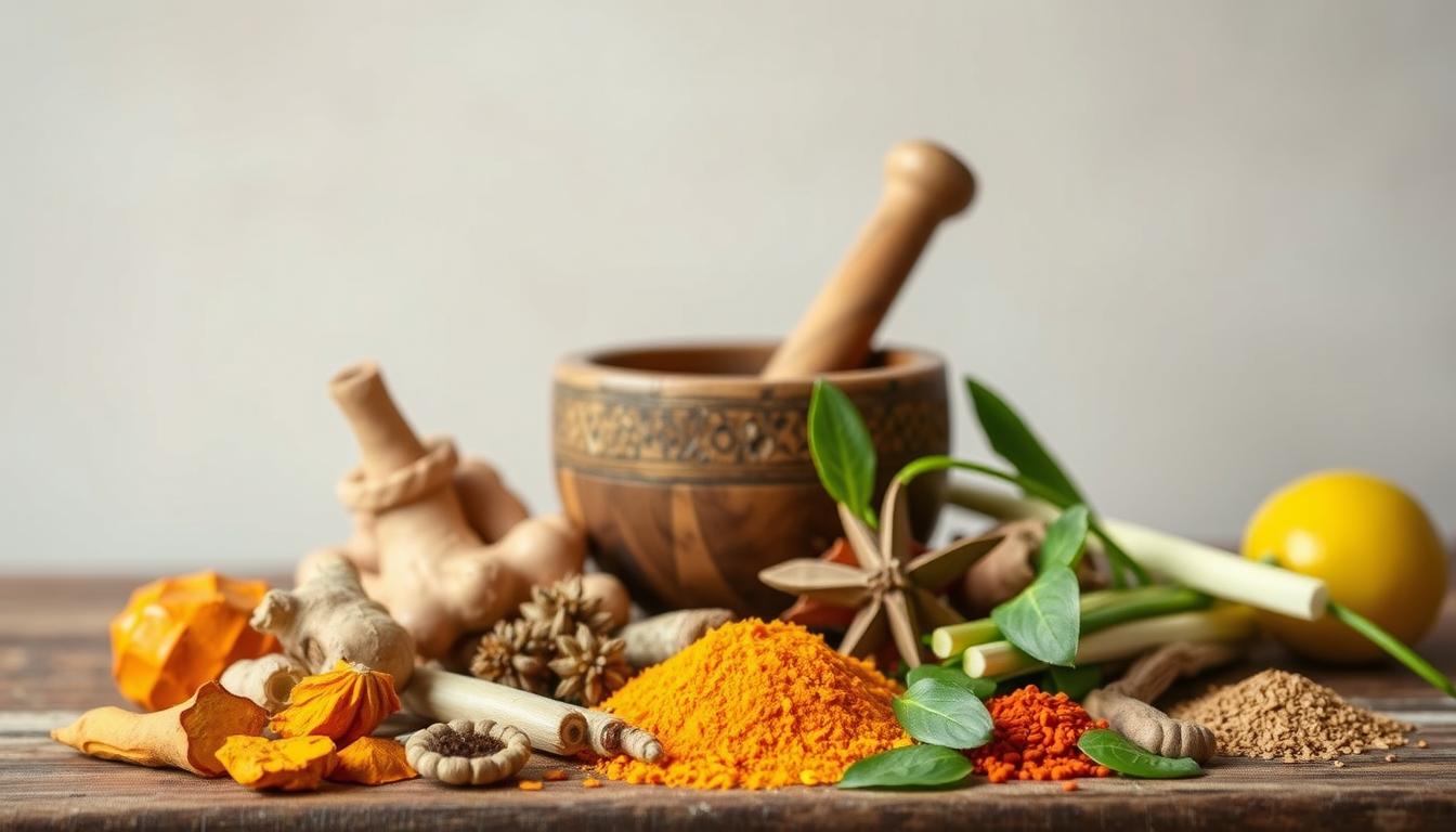 A neatly arranged still life composition showcasing an assortment of vibrant, aromatic spices and herbs typically used in Indonesian cuisine for detoxification. In the foreground, various rempah-rempah such as turmeric, ginger, galangal, lemongrass, and kaffir lime leaves are displayed atop a wooden surface. The middle ground features a traditional mortar and pestle, used for grinding the spices into a flavorful paste. In the background, a simple neutral-toned backdrop allows the natural colors and textures of the ingredients to take center stage. The lighting is soft and diffused, highlighting the intricate details and creating a soothing, calming atmosphere. The overall scene conveys the restorative and purifying properties of these aromatic spices, aligning with the article's focus on easy detoxification through nourishing foods.