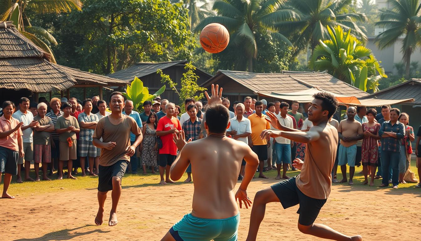 A vibrant community of players enthusiastically engaged in the traditional Indonesian sport of sepak takraw. In the foreground, a group of men skillfully kick and volley a rattan ball, their bodies in graceful motion. In the middle ground, spectators cheer and encourage the players, their faces alight with excitement. The background is filled with the lush greenery of a village setting, with modest homes and shaded gathering spaces. Warm, natural lighting bathes the scene, casting a golden glow and highlighting the dynamic energy of the game. The composition captures the spirit of this beloved community pastime, a celebration of Indonesia's rich cultural heritage.