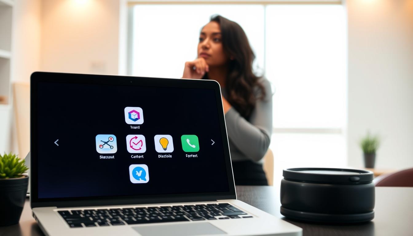 A bright, modern office setting with a clean, minimalist aesthetic. In the foreground, a sleek laptop displays various mobile app icons, representing different e-commerce platforms. In the middle ground, a person is carefully considering their options, hand on chin in a pensive pose. The background features clean lines, warm lighting, and a sense of focus and productivity. The overall mood is one of thoughtful decision-making, with a focus on finding the right digital platform to grow an online business.