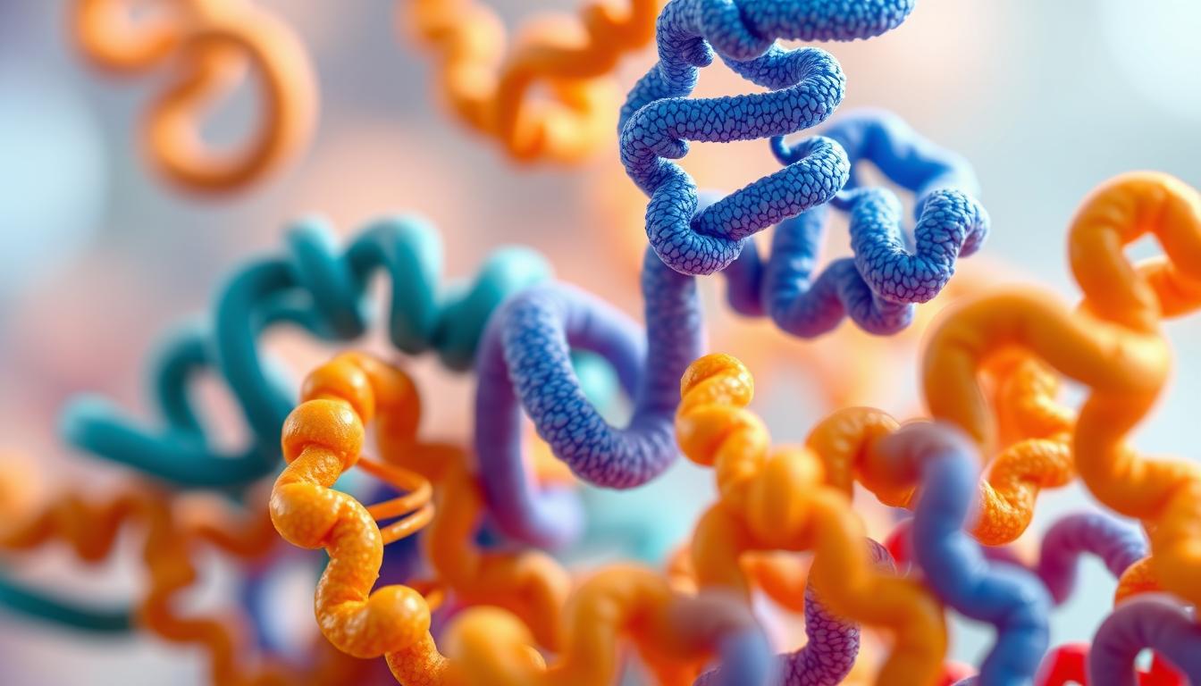 A detailed close-up of various protein structures, including alpha helices, beta sheets, and tertiary folds, against a softly blurred background. The proteins are rendered in vibrant, accurate colors and textures, illuminated by a warm, directional light source that casts subtle shadows, emphasizing their intricate three-dimensional forms. The composition is balanced and centered, allowing the viewer to focus on the fascinating complexity and beauty of these essential biological molecules.