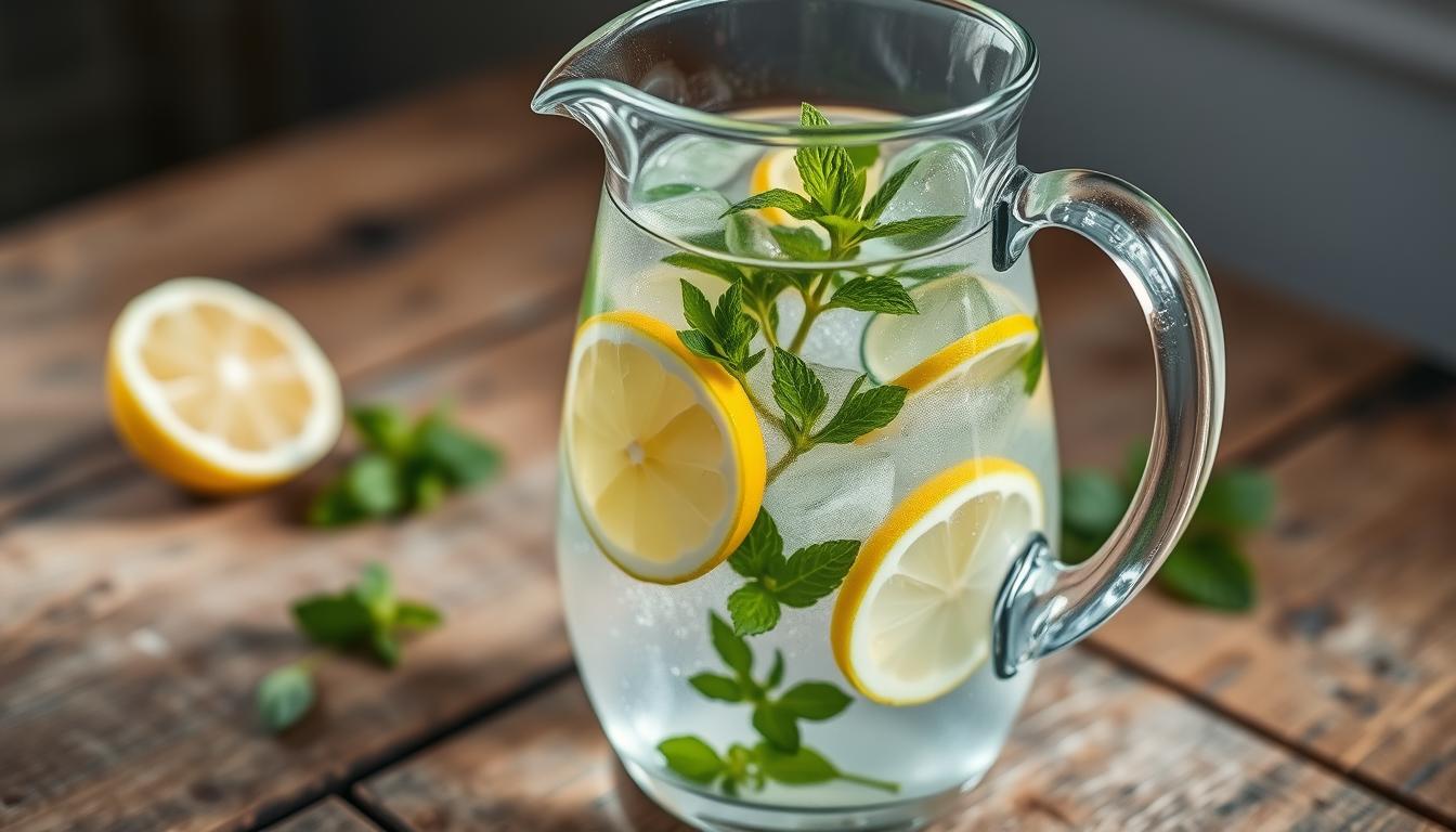 A glass pitcher filled with crystal clear, infused water, gently reflecting the natural light. Sliced lemons, limes, and sprigs of fresh mint float within, creating a vibrant, healthy-looking concoction. The pitcher sits atop a rustic wooden table, surrounded by a simple, minimalist setup that emphasizes the natural ingredients. The lighting is soft and diffused, casting a warm, inviting glow on the scene. The overall mood is one of refreshment, wellness, and a touch of elegance, perfectly capturing the essence of a delightful infused water creation.