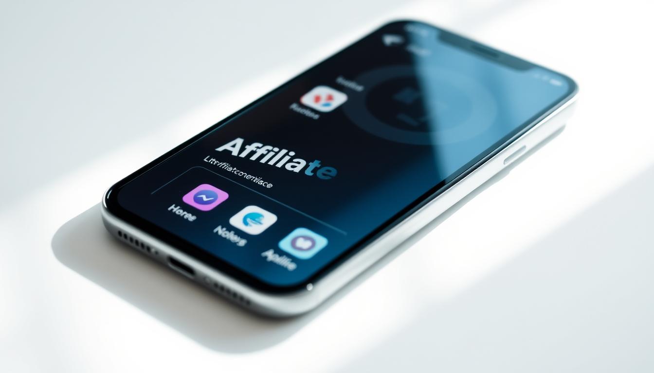 A mobile application interface with a prominent &quot;Affiliate&quot; section, showcasing various app icons, logos, and links. The scene is set in a modern, clean design with a light, airy atmosphere. The layout emphasizes the monetization opportunities available through affiliate partnerships, with intuitive navigation and clear call-to-action buttons. Soft, directional lighting illuminates the screen, creating depth and highlighting the key elements. The overall composition conveys the potential to generate income through strategic application development and affiliate marketing.