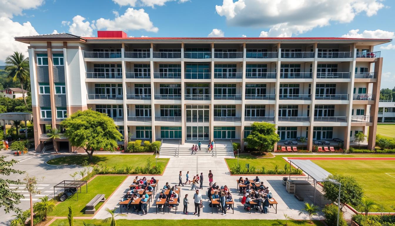 A modern, well-equipped public school in Bekasi, Indonesia. The school building stands tall, with a mix of traditional and contemporary architectural elements. The front entrance is flanked by lush greenery and a spacious courtyard, where students gather for activities. Classrooms are filled with natural light, ample desks, and state-of-the-art educational resources. A computer lab and library occupy the upper floors, providing access to digital learning tools. The school grounds feature a sports field, shaded seating areas, and a vibrant, well-maintained landscape. An atmosphere of diligence and community resonates throughout the facility, showcasing the government's commitment to improving educational infrastructure for the local population.