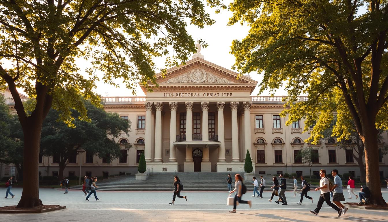 A stately, neo-classical building in warm, golden light, its grand facade adorned with ornate columns and intricate carvings. The Rektorat ITB stands tall, commanding attention amidst the bustling campus, its architectural grandeur a symbol of the institution's prestige and authority. The foreground is framed by lush, verdant trees, their branches swaying gently in the breeze, while in the background, students hurry across the spacious courtyard, their actions imbued with a sense of purpose and determination. The overall scene conveys a sense of tradition, stability, and the weight of academic responsibility.