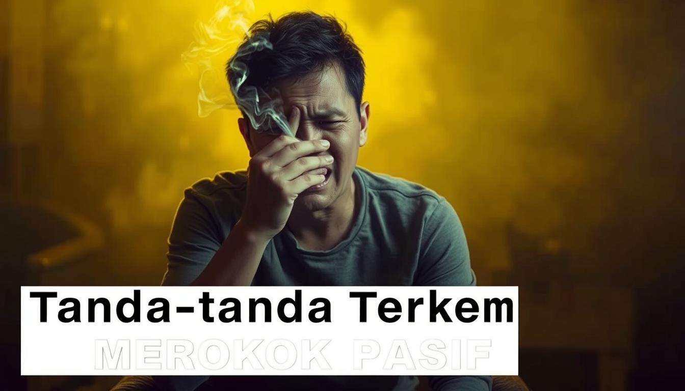 A person sitting in a smoke-filled room, coughing and rubbing their eyes with a pained expression on their face. The room is hazy with a yellowish tint, creating an oppressive atmosphere. Dim lighting casts long shadows, emphasizing the person's discomfort. The background is blurred, drawing the viewer's attention to the central figure's struggle with the effects of secondhand smoke. The image conveys the distress and irritation experienced by those exposed to passive smoking, capturing the essence of the "Tanda-tanda Terkena Merokok Pasif" section.