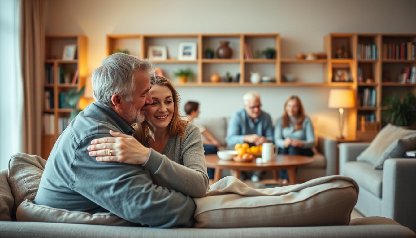 A warm, softly lit living room scene showcasing the nurturing role of family during adulthood. In the foreground, a middle-aged couple embracing on a comfortable sofa, their expressions radiating contentment and support. In the middle ground, adult children gathered around a coffee table, engaged in conversation and sharing a meal. Bookshelves and family photos line the walls, creating a sense of generational continuity and stability. Muted, earthy tones and gentle lighting evoke a tranquil, inviting atmosphere, conveying the importance of family bonds and guidance during the adult years.