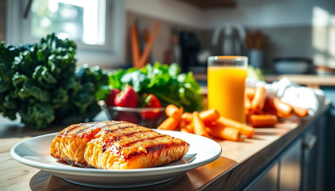 A sunlit kitchen counter displays an array of nutritious foods, their vibrant colors and textures inviting the viewer. In the foreground, a plate showcases a hearty serving of grilled salmon, its rich orange hue complemented by the golden glow of roasted sweet potato wedges. In the middle ground, a glass of refreshing orange juice stands alongside a bowl of fresh, juicy strawberries. In the background, leafy kale and crisp carrots add depth and variety to the scene, hinting at the diverse array of vitamin D-rich ingredients. The lighting is soft and natural, casting a warm, inviting ambiance over the entire composition. The angle is slightly elevated, allowing the viewer to appreciate the arrangement of these wholesome, vitamin-packed foods.