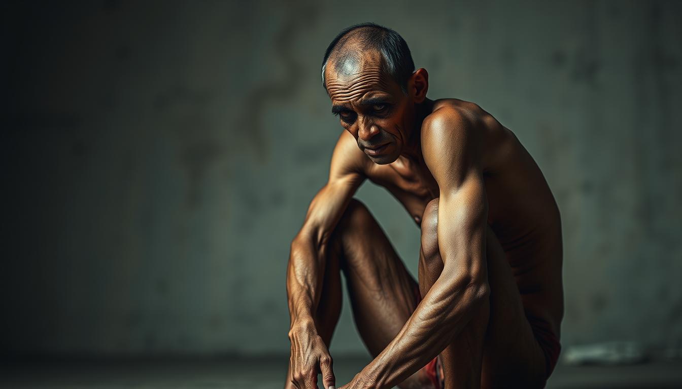 A malnourished individual sitting hunched, their frame visibly diminished, against a muted, desaturated backdrop. Diffused, soft lighting casts shadows that accentuate the hollowness of their features. The subject's expression conveys a sense of lethargy and weakness, reflecting the physical toll of protein deficiency. The middle ground is blurred, drawing the viewer's focus to the central figure, a visual metaphor for the debilitating effects of inadequate protein intake. Subtle textures and a somber color palette evoke a sense of unease, underscoring the gravity of the condition depicted.