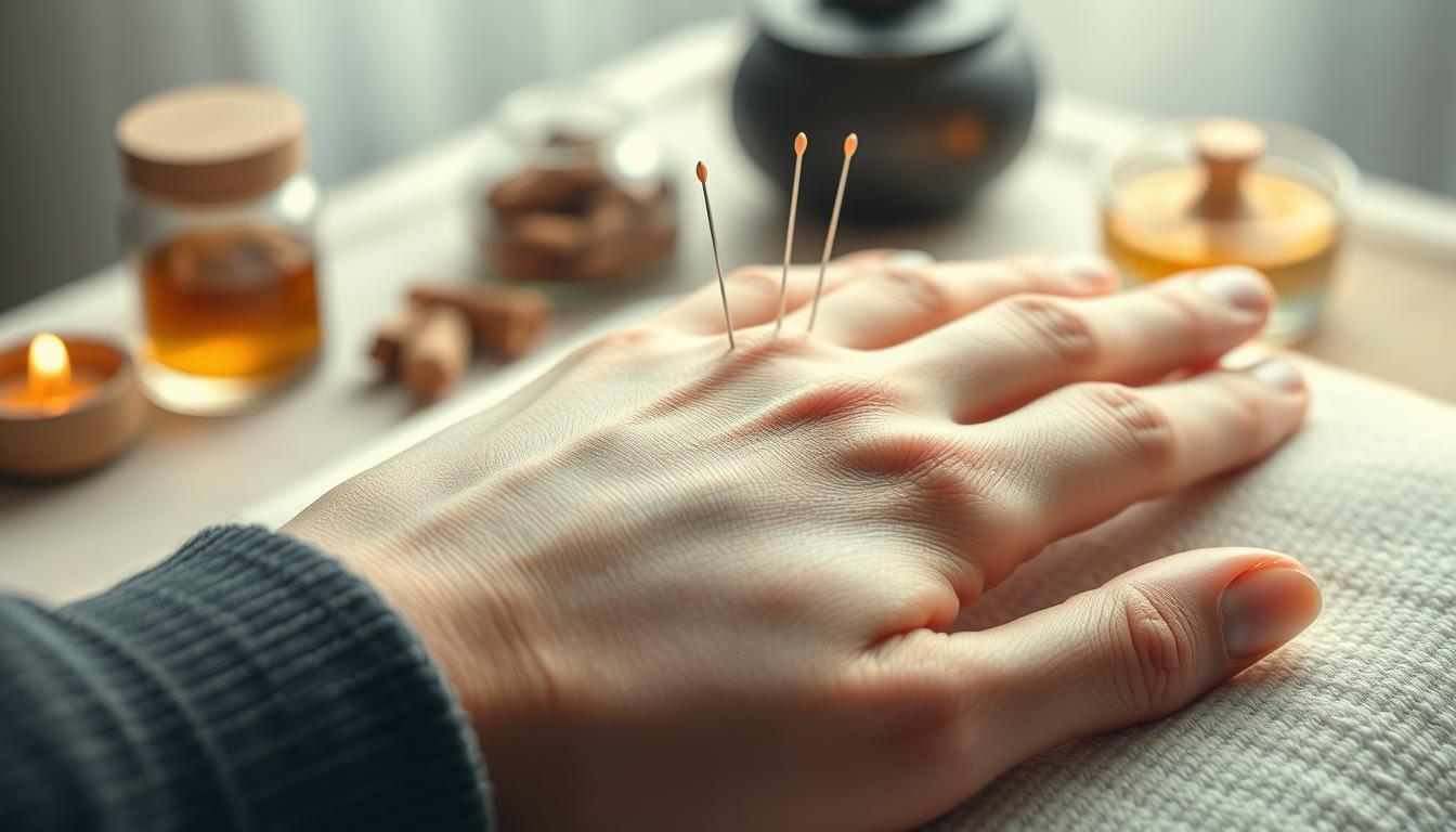 A close-up view of a person's hand receiving acupuncture treatment, with fine needles precisely inserted into specific acupuncture points on the skin. The hand is resting on a soft, calming surface, perhaps a towel or cushion, with a serene, peaceful atmosphere. The lighting is soft and diffused, creating a tranquil mood. In the background, traditional Chinese herbal remedies or other acupuncture tools are subtly visible, hinting at the holistic nature of acupuncture practice. The image conveys the therapeutic benefits of acupuncture, such as pain relief, stress reduction, and overall well-being.