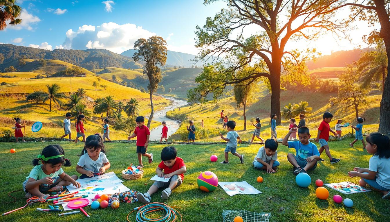 A vibrant outdoor scene with children engaged in various creative and physical activities, capturing the spirit of "Memperkenalkan Aktivitas Alternatif". In the foreground, a group of kids are playing with art supplies, crafting colorful drawings and sculptures. In the middle ground, others are tossing frisbees, skipping ropes, and playing ball games. The background features a lush, verdant landscape with rolling hills, a babbling brook, and towering trees, bathed in warm, golden sunlight filtering through the leaves. The overall mood is one of joy, curiosity, and a sense of unbridled exploration, encouraging a healthy, gadget-free lifestyle.