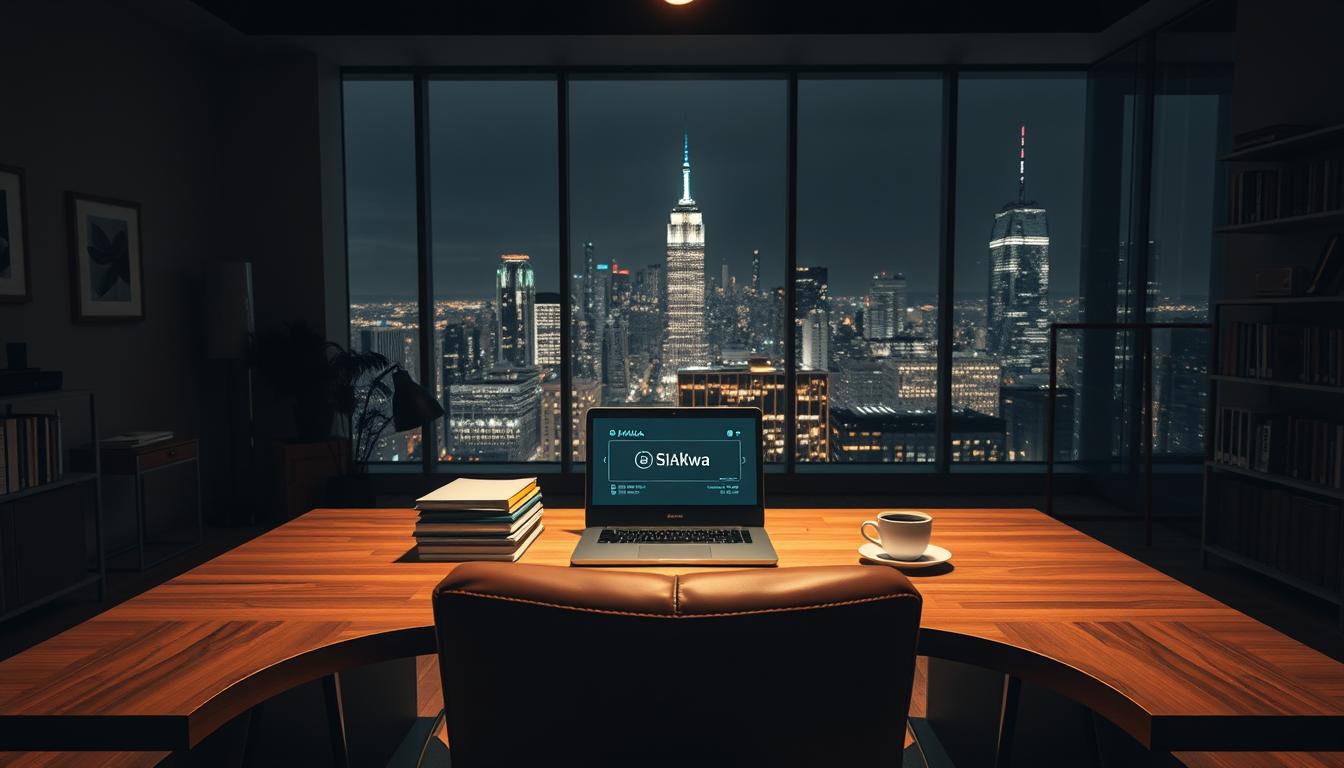 A dimly lit modern office interior, with a large wooden desk in the foreground. On the desk, a laptop computer and a stack of files, along with a cup of coffee. The walls are adorned with minimalist artwork and shelves filled with books. In the middle ground, a comfortable leather chair is positioned in front of the desk, inviting the viewer to sit and interact with the SIAKAD Dalwa system displayed on the laptop screen. The background features a large window overlooking a bustling city skyline, creating a sense of professionalism and productivity. The lighting is warm and focused, creating a cozy and focused atmosphere for the SIAKAD Dalwa experience.