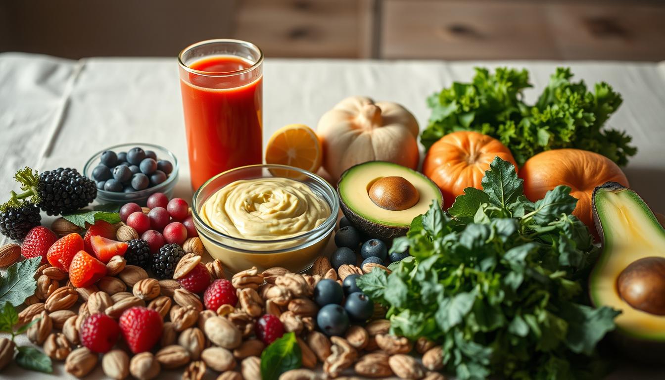 A nourishing still life arrangement showcasing an assortment of brain-boosting foods. In the foreground, a selection of nuts, berries, and leafy greens are arranged with care, their vibrant colors and textures inviting the viewer to indulge. In the middle ground, a glass of fresh vegetable juice and a bowl of creamy avocado dip take center stage, complementing the healthy ingredients. The background features a wooden table with a linen tablecloth, casting a warm, earthy glow over the scene. Soft, diffused lighting illuminates the scene, highlighting the natural goodness of these nutrient-dense foods. The overall mood is one of wellness, vitality, and a celebration of the power of proper nutrition for a healthy, active brain.
