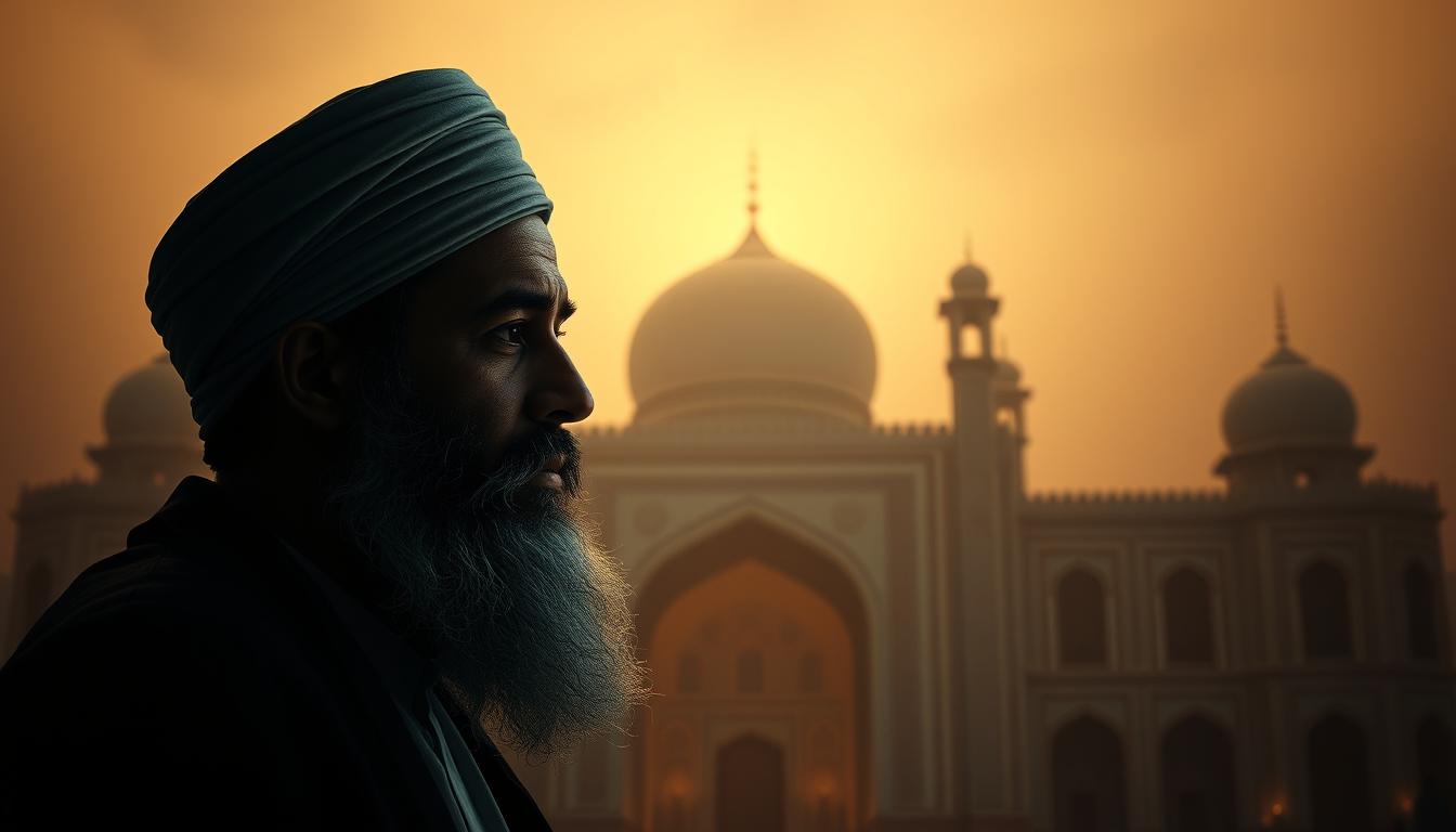 A contemporary, contemplative depiction of the Imam Mahdi, set against a serene, dimly lit backdrop. In the foreground, the Imam's face is illuminated with a soft, ethereal glow, his expression one of deep thought and spiritual introspection. The middle ground features ornate, traditional Islamic architectural elements, hinting at the rich history and teachings associated with the Mahdi. The background is shrouded in a warm, muted palette, creating a sense of timelessness and contemplation. The overall scene evokes a sense of reverence, wisdom, and the enduring significance of the Imam Mahdi in contemporary Sunni thought.