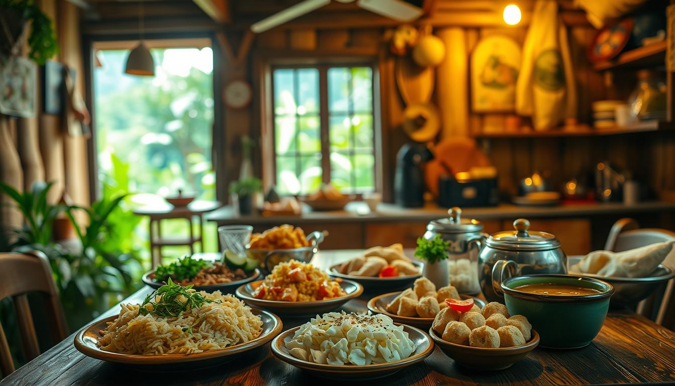 A lush, vibrant scene of a traditional Malaysian breakfast, or "Sarapan Tradisional," set against a backdrop of a cozy, rustic kitchen. In the foreground, a wooden table is adorned with an array of authentic Malaysian dishes, including nasi lemak, roti canai, and traditional kuih. The lighting is warm and inviting, casting a soft glow over the scene. In the middle ground, a window offers a glimpse of a verdant, tropical landscape, hinting at the cultural richness of the setting. The overall atmosphere is one of comfort, tradition, and a celebration of the diverse culinary heritage of Malaysia.