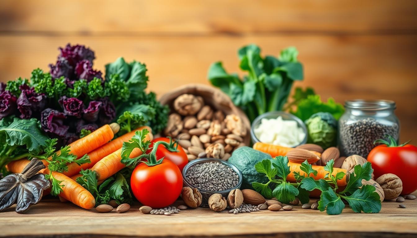 A vibrant still life showcasing an assortment of heart-healthy foods against a warm, natural backdrop. In the foreground, a variety of colorful vegetables such as kale, spinach, carrots, and tomatoes are artfully arranged, their textures and shapes creating a visually appealing composition. The middle ground features a selection of nuts and seeds, including walnuts, almonds, and chia, symbolizing the importance of healthy fats in a balanced diet. In the background, a wooden table or surface provides a rustic, earthy element, complemented by soft, diffused lighting that casts a gentle glow over the scene, evoking a sense of nourishment and wellbeing. The overall image conveys the idea of a nutritious, heart-supporting meal, inviting the viewer to explore the benefits of these wholesome ingredients.