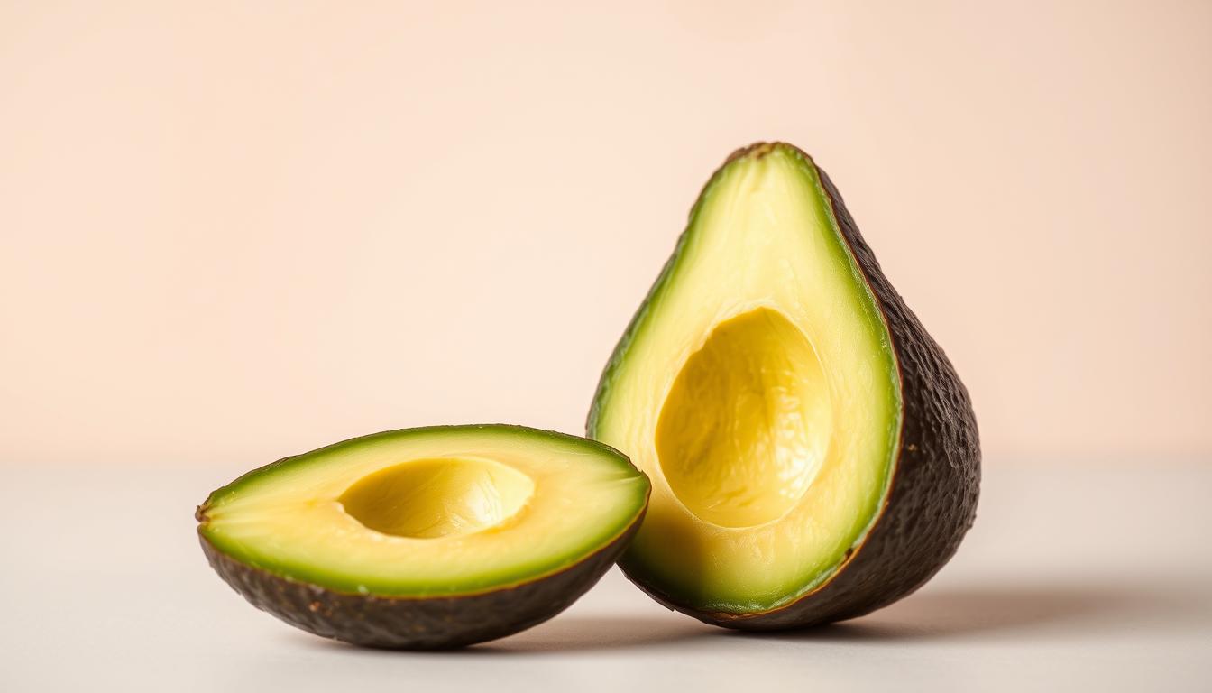 A ripe, creamy avocado sliced in half, revealing its dense, green flesh. The avocado is set against a clean, minimalist background, with soft, warm lighting illuminating its natural colors and texture. The scene conveys a sense of healthfulness and simplicity, highlighting the avocado's low glycemic index and its potential role in regulating blood sugar levels. The composition is balanced and aesthetically pleasing, capturing the essence of the avocado as a nutritious, low-GI food.