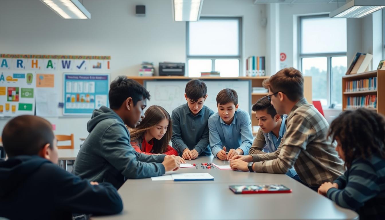 A classroom setting with a group of students and a teacher engaged in a hands-on learning activity. The foreground features a group of students huddled around a table, immersed in a collaborative task that requires critical thinking and problem-solving. The middle ground showcases the teacher guiding the students, using a whiteboard or digital display to illustrate key concepts. The background depicts a well-lit, modern classroom environment with educational posters, shelves of books, and windows allowing natural light to flood the space. The overall atmosphere conveys a sense of active learning, intellectual engagement, and a focus on developing higher-order thinking skills.