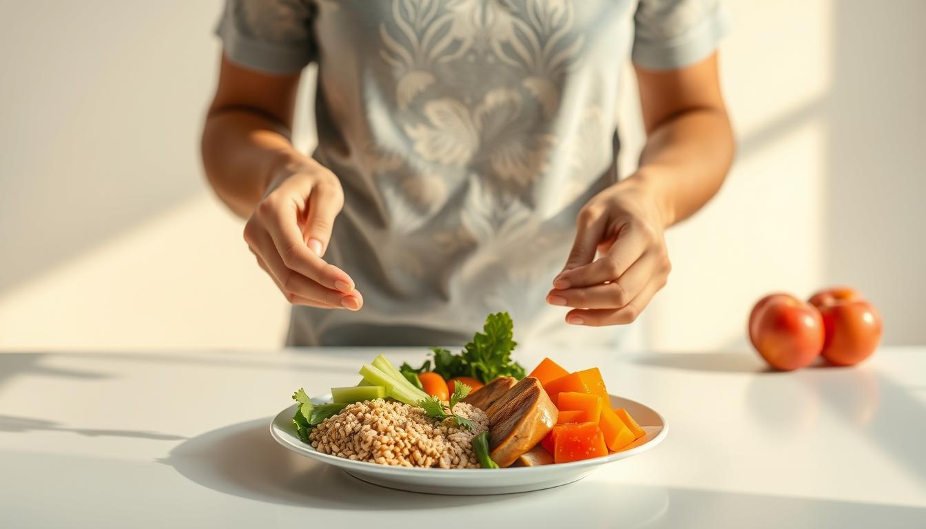 A visually striking image of a person carefully portioning out a balanced meal on a clean, minimalist table. The scene is bathed in warm, natural lighting, creating a calming, focused atmosphere. In the foreground, precise hand motions divide the food into measured portions, conveying a sense of control and discipline. In the middle ground, the plate displays an artful arrangement of healthy, colorful ingredients - lean protein, fresh vegetables, and whole grains. The background features a simple, uncluttered backdrop, allowing the main subject to take center stage. The overall composition emphasizes the importance of conscientious portion control as a key strategy for maintaining a nutritious, well-balanced diet.