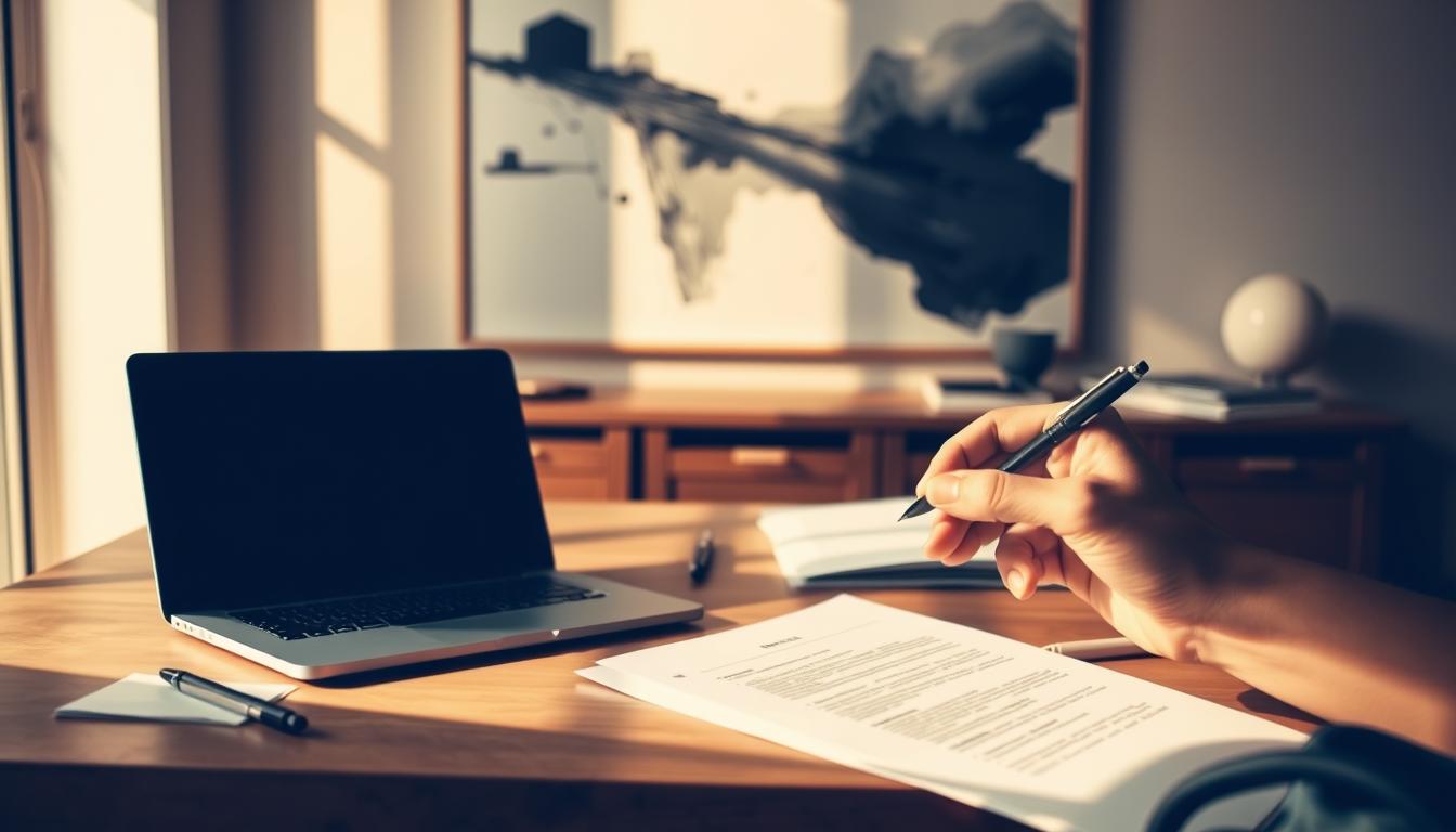 A sleek, minimalist office workspace with a laptop, stationery, and research materials neatly arranged on a wooden desk. Warm, directional lighting casts soft shadows, creating a contemplative, focused atmosphere. In the foreground, a hand holds a pen, poised to jot down notes and ideas for a research proposal. The background features a large, framed abstract artwork, adding a touch of sophistication. The overall scene conveys a sense of intentionality, professionalism, and the thoughtful process of crafting an engaging research proposal.