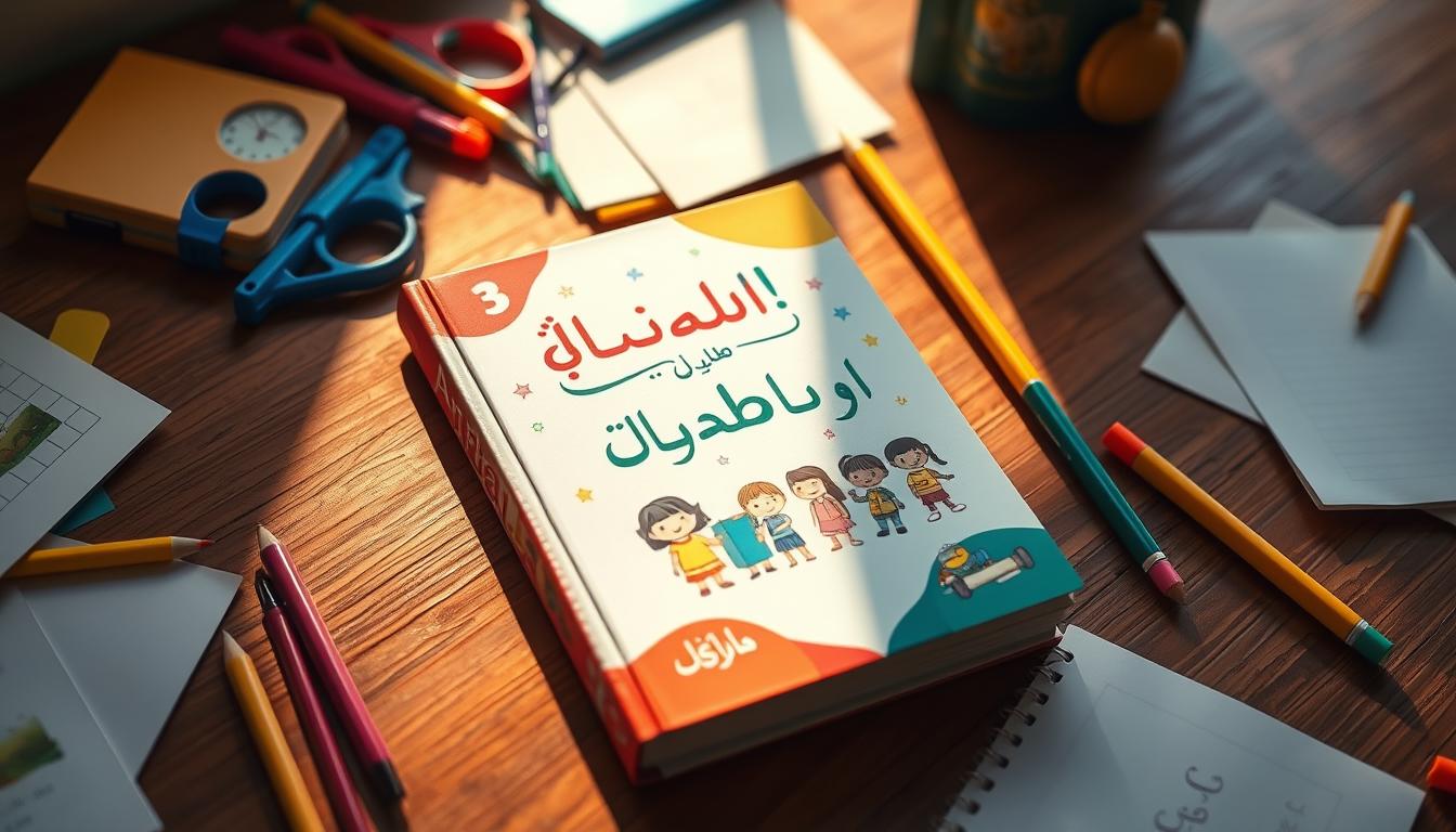 A vibrant, hand-illustrated children's Arabic textbook on a wooden table, surrounded by scattered school supplies. The book's cover features a playful, colorful design with stylized Arabic calligraphy and illustrations of young learners. Soft, diffused lighting from the side creates warm shadows and highlights the tactile, artisanal quality of the materials. The overall composition conveys a sense of youthful curiosity, educational engagement, and the tactile, hands-on nature of learning a new language at a formative age.