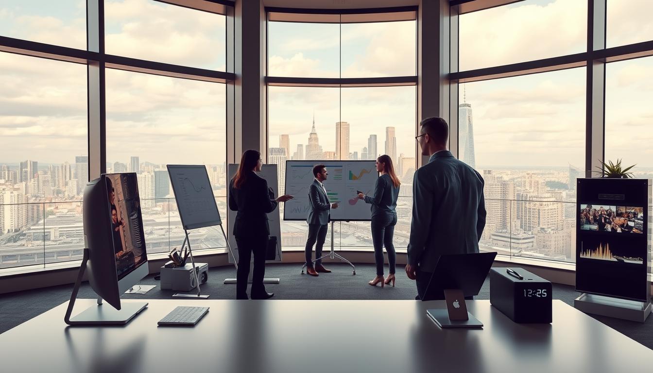 A sleek, modern office interior with a large desk in the foreground, a computer monitor, and various office supplies neatly arranged. The middle ground features a team of professionals in business attire collaborating on a project, surrounded by whiteboards and digital displays showcasing analytics and proposals. In the background, floor-to-ceiling windows offer a panoramic view of a bustling city skyline, bathed in warm, natural lighting. The overall atmosphere conveys a sense of productivity, innovation, and strategic decision-making, reflecting the core responsibilities of an IT consultant.
