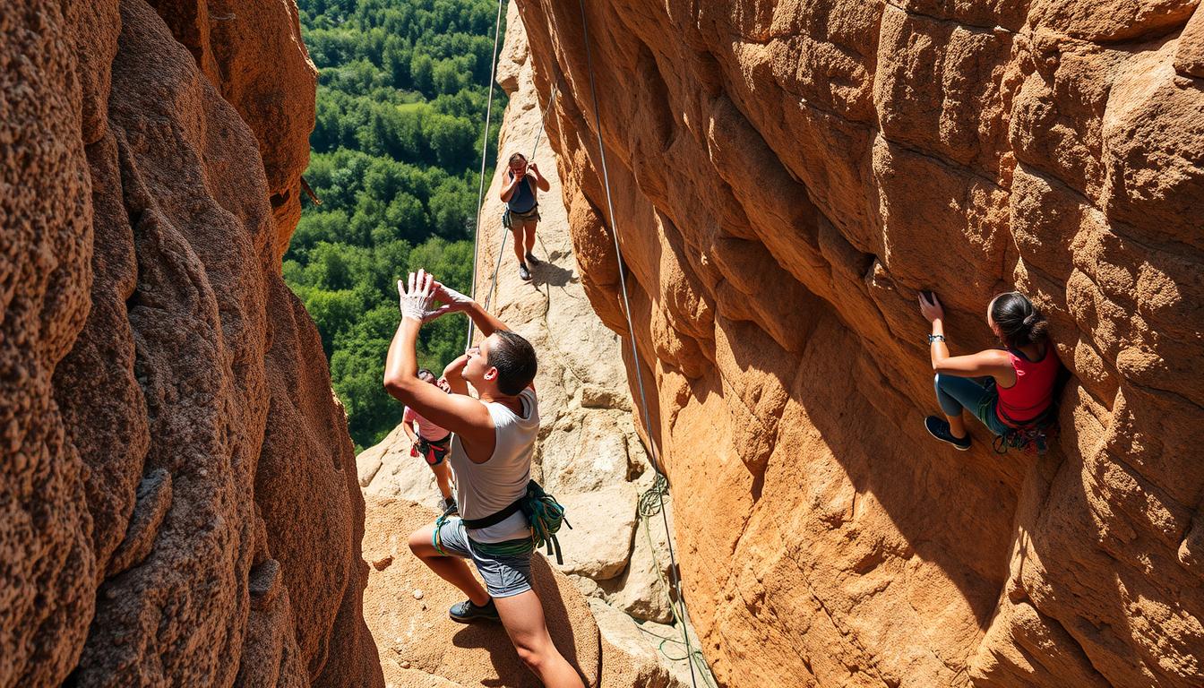 A diverse group of local climbers ascends a rugged, sun-dappled rock face, their movements fluid and coordinated. In the foreground, a climber deftly maneuvers a challenging overhang, their chalk-covered hands gripping the textured surface. Behind them, others work in pairs, belaying and encouraging one another. In the middle ground, the climbers' colorful harnesses and carabiners stand out against the weathered, ochre-hued stone. In the distance, a lush, verdant forest frames the scene, hinting at the wider outdoor adventure. The lighting is warm and natural, casting dynamic shadows that accentuate the climbers' dynamic poses. An atmosphere of camaraderie, determination, and a deep connection to the natural world permeates the image.