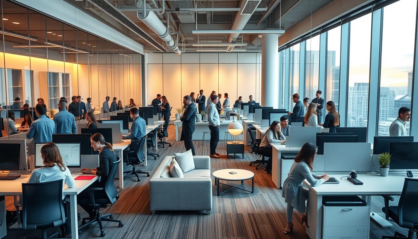 A modern open-plan office with sleek glass walls and ergonomic workstations. Professionals in business attire collaborate at standing desks, huddle in cozy lounge areas, and engage in animated discussions. Warm indirect lighting casts a productive glow, while floor-to-ceiling windows offer sweeping city views. The atmosphere is one of focused intensity tempered by a sense of innovation and camaraderie, reflecting the dynamic nature of the IT consulting field.