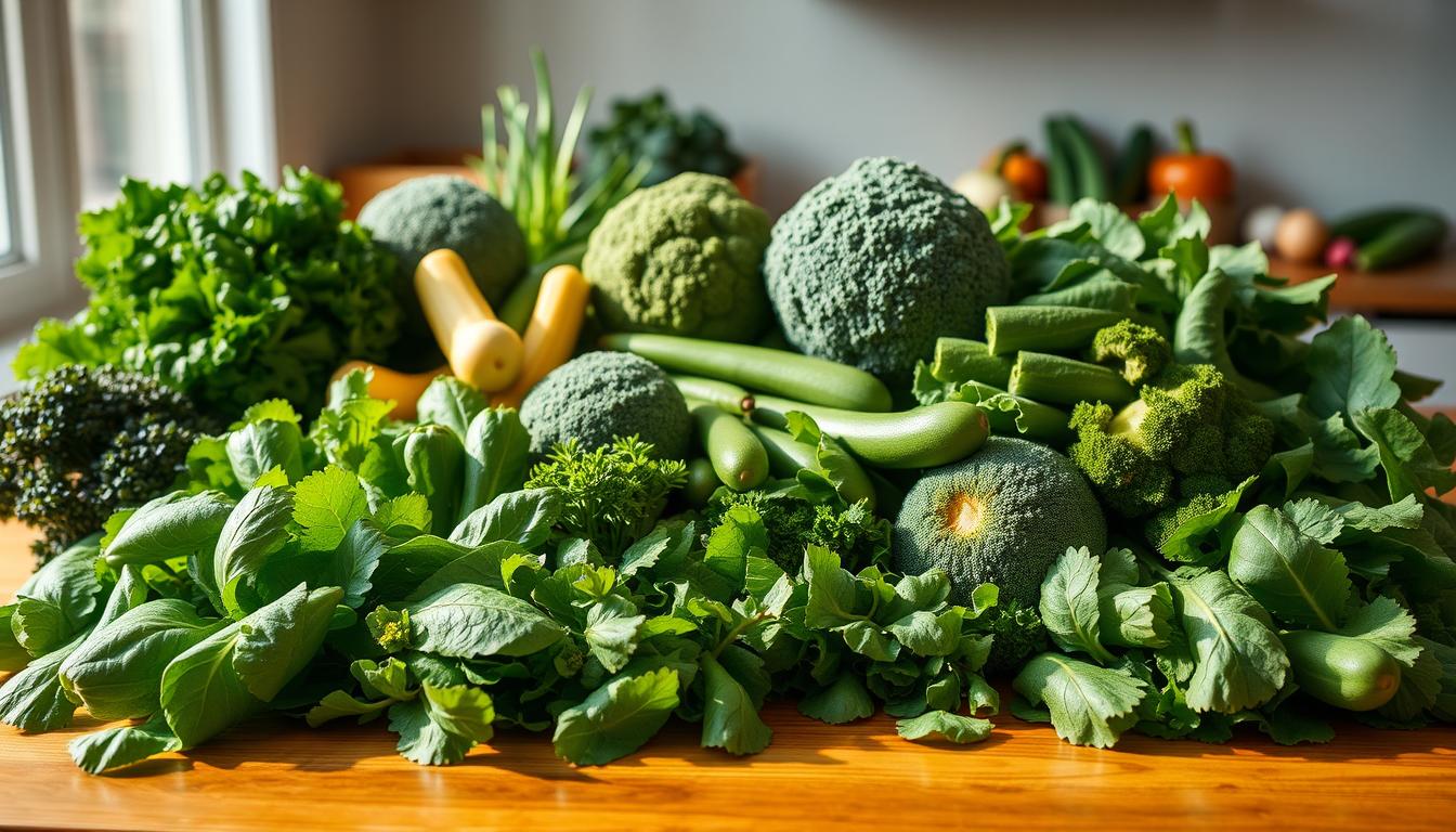 A cheerful and vibrant scene of a diverse selection of fresh green vegetables arranged attractively on a wooden table, with natural lighting casting a warm glow across the scene. In the foreground, a variety of leafy greens, such as spinach, kale, and bok choy, are carefully displayed, showcasing their vibrant colors and textures. In the middle ground, crunchy vegetables like broccoli, zucchini, and green beans are positioned, creating a visually appealing and balanced composition. The background features a neutral, yet natural setting, perhaps with a glimpse of a kitchen window or a simple, uncluttered wall, allowing the produce to take center stage. The overall mood is one of health, nourishment, and the joy of introducing young ones to the wonders of fresh, wholesome green vegetables.