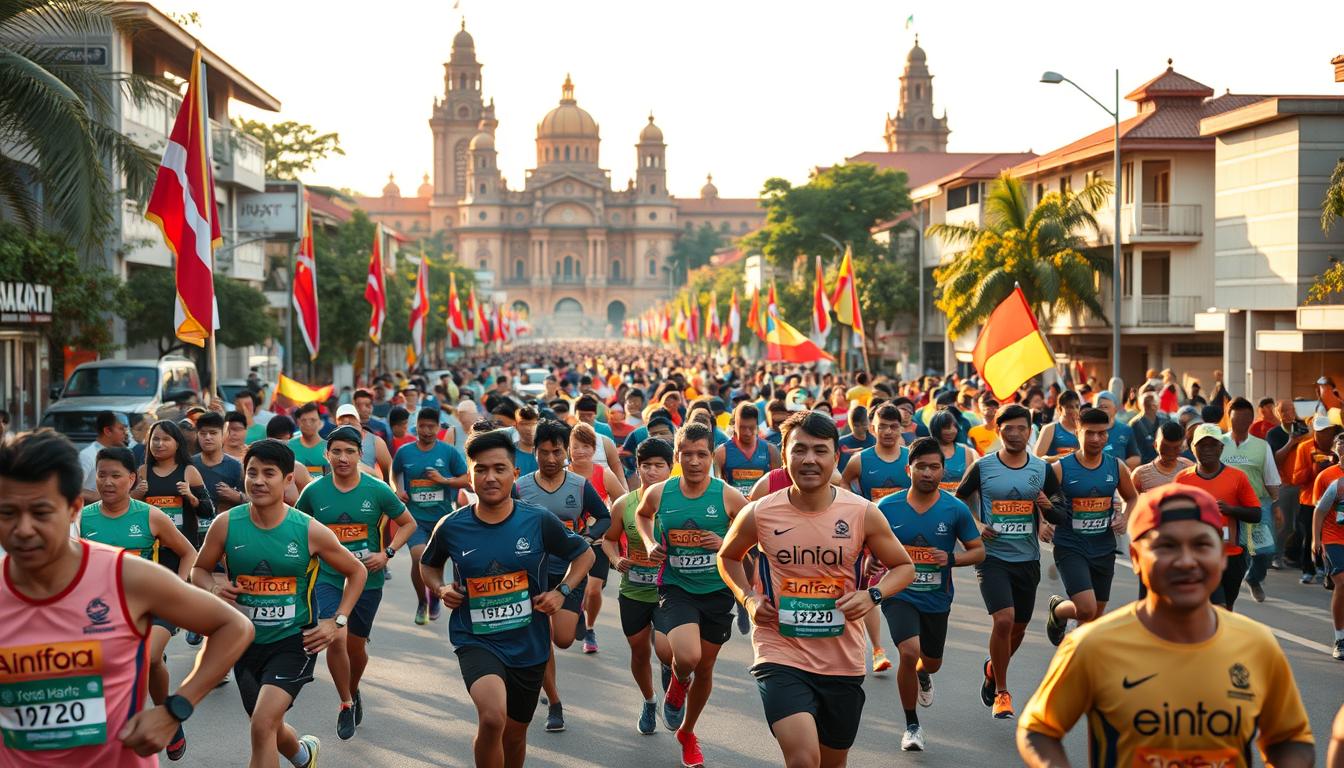 A bustling running event in the heart of Yogyakarta, Indonesia. In the foreground, a crowd of enthusiastic runners dashes past, their colorful jerseys and determined expressions capturing the energy of the race. In the middle ground, spectators line the streets, cheering and waving flags to support the athletes. The backdrop showcases the iconic landmarks of Yogyakarta, such as the towering Yogyakarta Palace and the majestic Malioboro Street, bathed in warm, golden-hour sunlight. The scene conveys a vibrant, community-driven atmosphere, where the local culture and the thrill of the event come together in a celebration of sports and shared experiences.