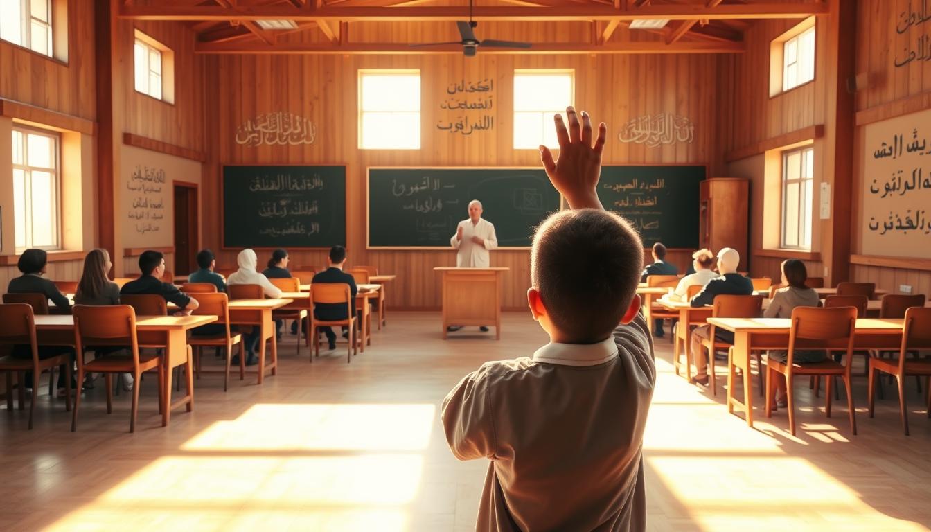 A serene, well-lit classroom setting with wooden desks and chairs arranged in a semi-circular formation. In the center, a teacher stands before a chalkboard, gesturing as they explain concepts to attentive students. The walls are adorned with Islamic calligraphy and inspirational quotes, creating an atmosphere of contemplation and learning. Sunlight streams in through large windows, casting a warm glow over the scene. In the foreground, a student raises their hand, eager to contribute to the discussion on integrating knowledge and moral character in Islamic education.