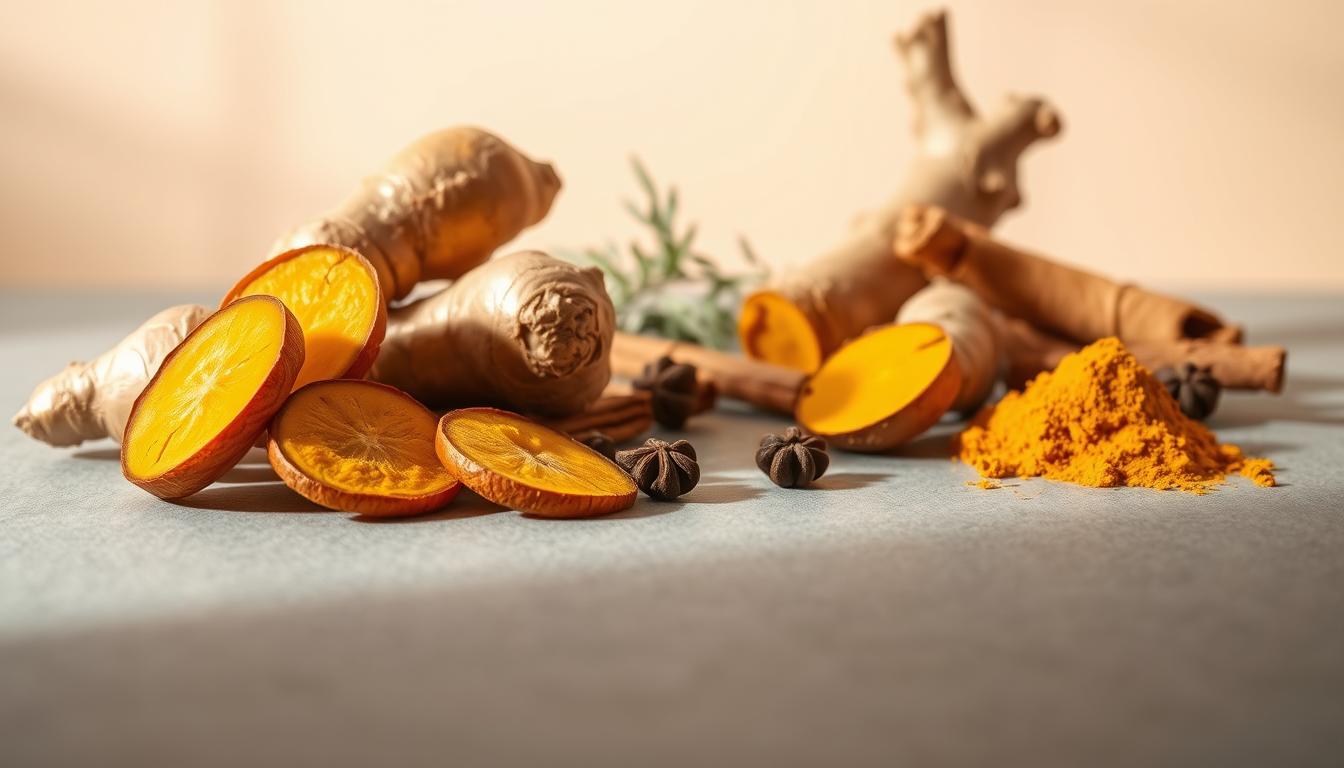 A vibrant still life scene showcasing the antioxidant properties of ginger and turmeric. In the foreground, sliced ginger roots and turmeric rhizomes are arranged artfully, their warm hues and intricate textures contrasting against a smooth, matte surface. Soft, directional lighting from the side casts gentle shadows, accentuating the natural forms. In the middle ground, a selection of fresh herbs and spices, such as cinnamon sticks and whole cloves, complement the main ingredients. The background is a minimalist, neutral tone, allowing the vibrant colors and organic shapes to take center stage. The overall composition conveys the powerful, healthful properties of these two ancient superfoods.