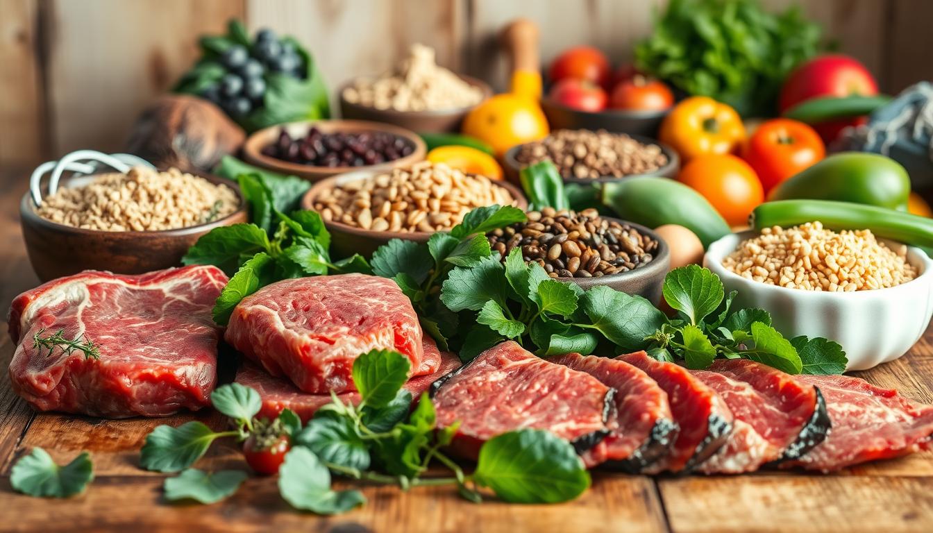 A delectable array of iron-rich foods arranged on a rustic wooden table, bathed in warm, natural lighting. In the foreground, succulent cuts of red meat, juicy liver, and vibrant leafy greens stand out against the muted tones. The middle ground features hearty whole grains, lentils, and beans, while the background showcases a variety of fresh fruits and vegetables, each bursting with essential nutrients. The scene conveys a sense of abundance and health, inviting the viewer to savor the nourishing bounty that can help overcome iron deficiency.
