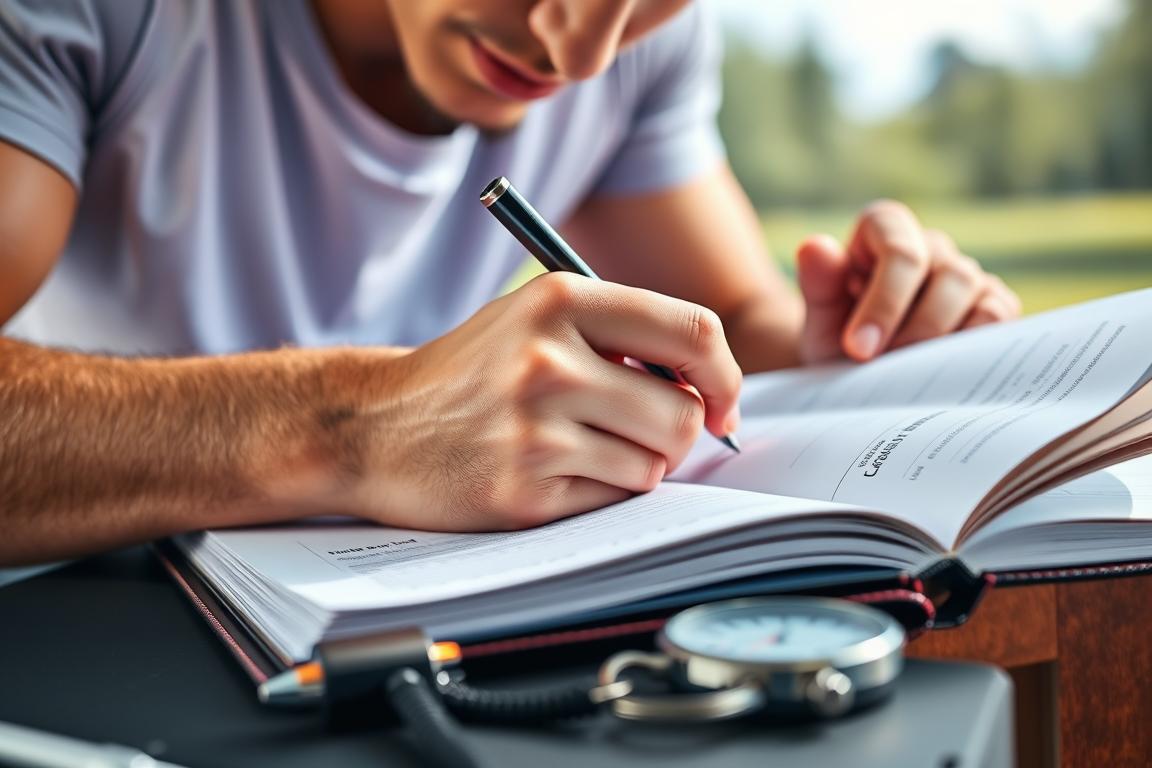 Atlet menulis tujuan SMART di buku catatan, menerapkan strategi mental untuk atlet
