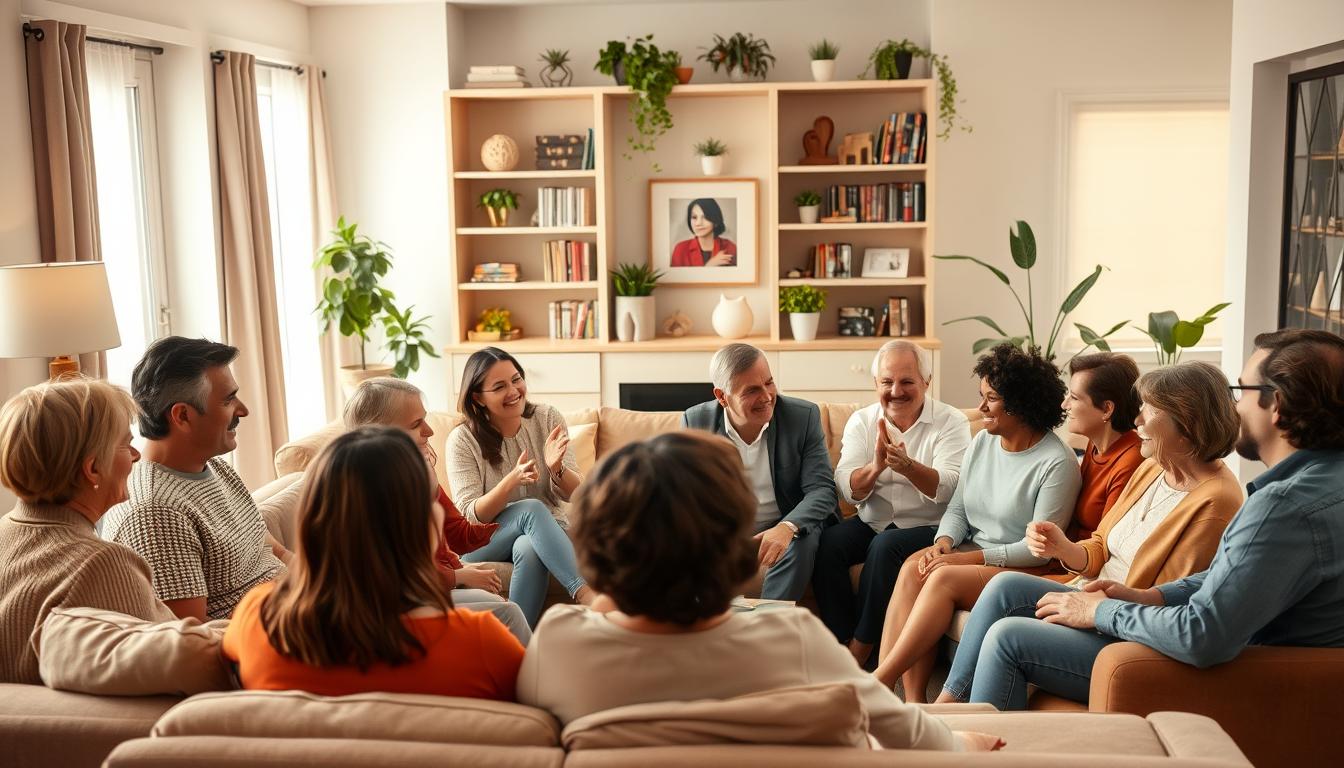 A diverse group of adults engaged in lively social interaction, set against the backdrop of a warm, inviting living room. The foreground features a mix of people conversing animatedly, gesturing and laughing. Middle ground showcases a cozy seating arrangement, with plush couches and armchairs positioned to encourage open dialogue. The background depicts tasteful home decor, including bookshelves, artwork, and potted plants, creating a comfortable, nurturing atmosphere. Soft, diffused lighting casts a gentle glow, enhancing the sense of camaraderie and connection. The scene conveys the richness and significance of social relationships during adulthood.